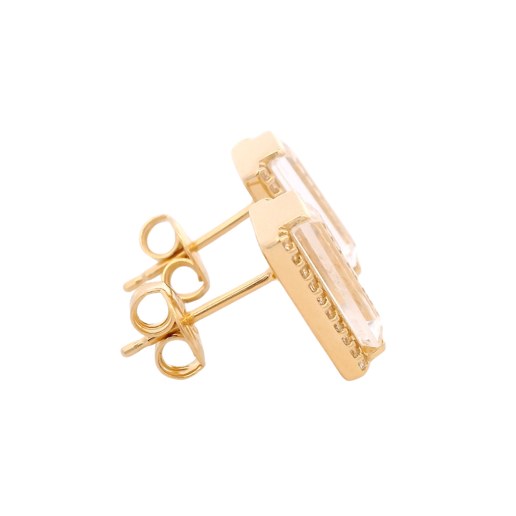 925YG SOLITARY BAGUETTE ROCK CRYSTAL WITH TOPAZ WHITE 11MM EARRINGS - C'SANTOS