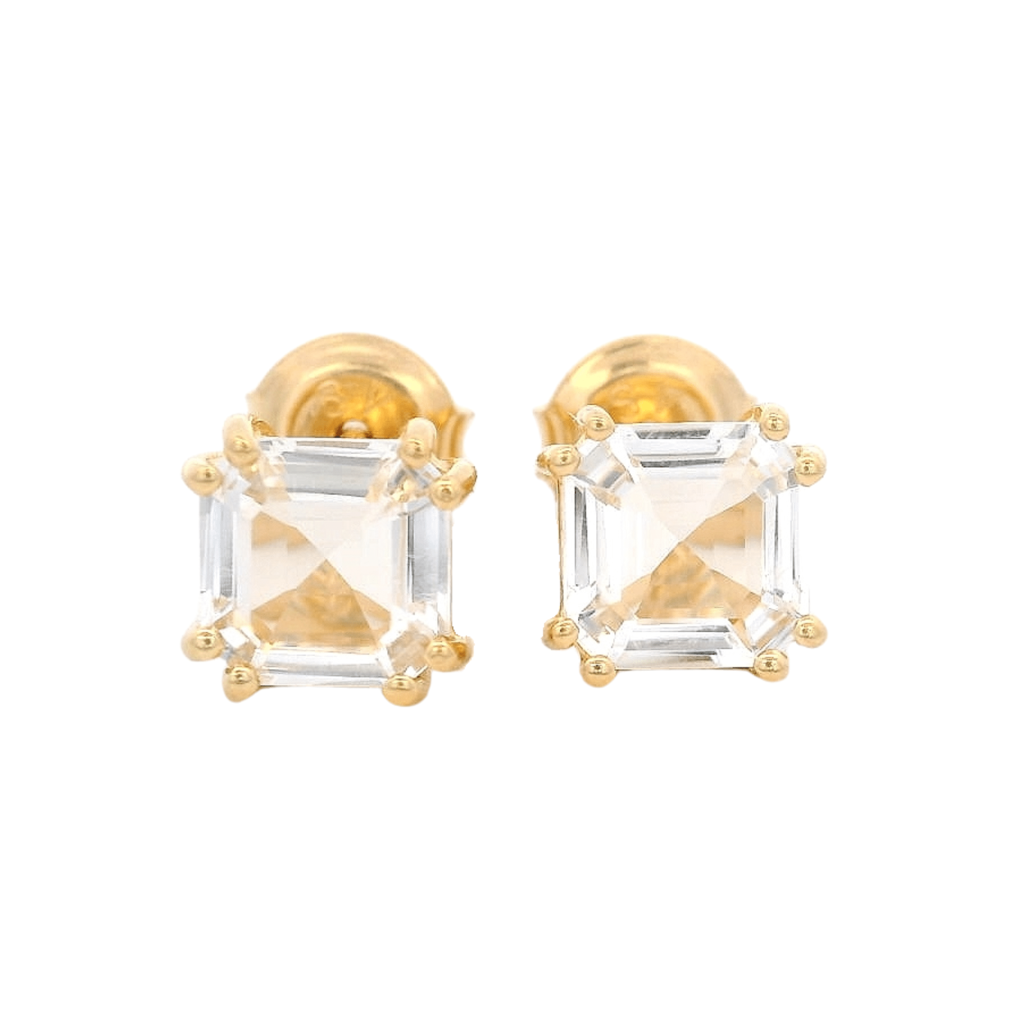 925YG SOLITARY CUSHION ROCK CRYSTAL 7MM EARRINGS - C'SANTOS