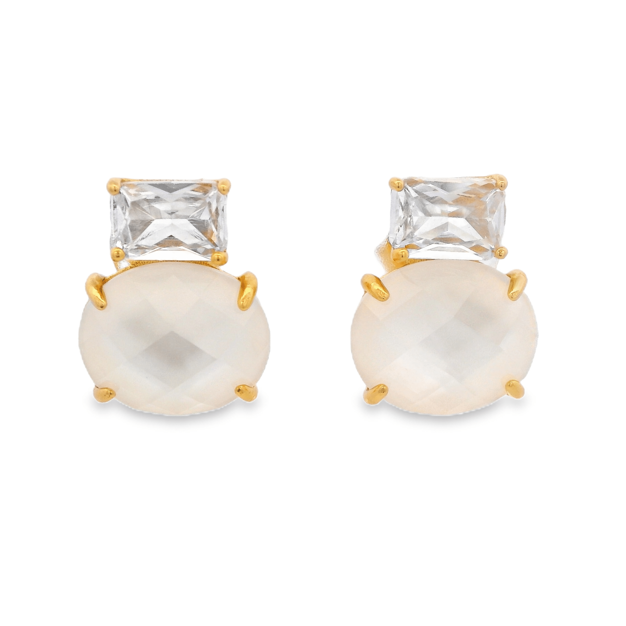 925YG SQUARE AND ROUND EARRINGS MOP & CZ - C'SANTOS