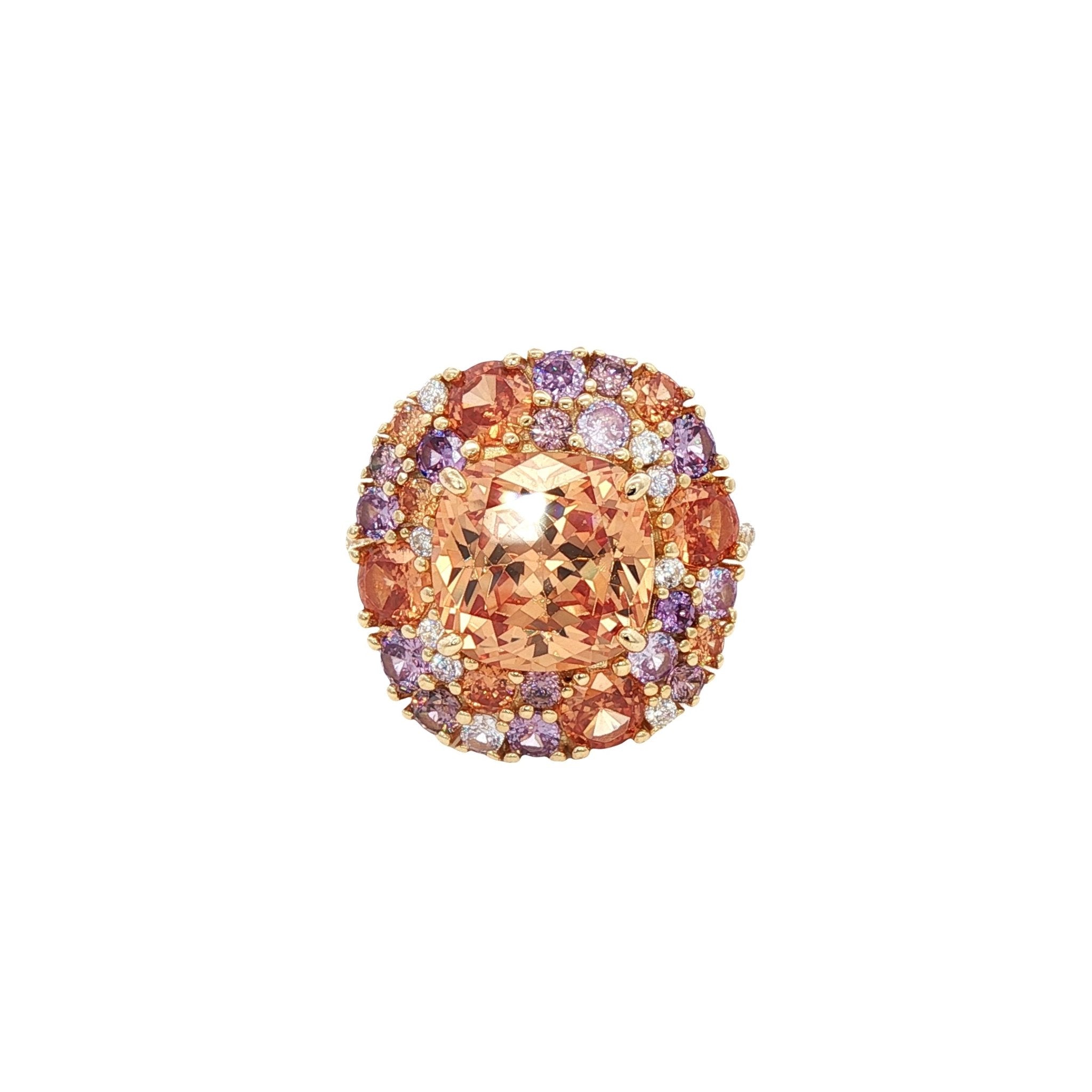 925YG SQUARE CHAMPAGE WITH CLUSTER MULTICOLOR CZ RING - C'SANTOS
