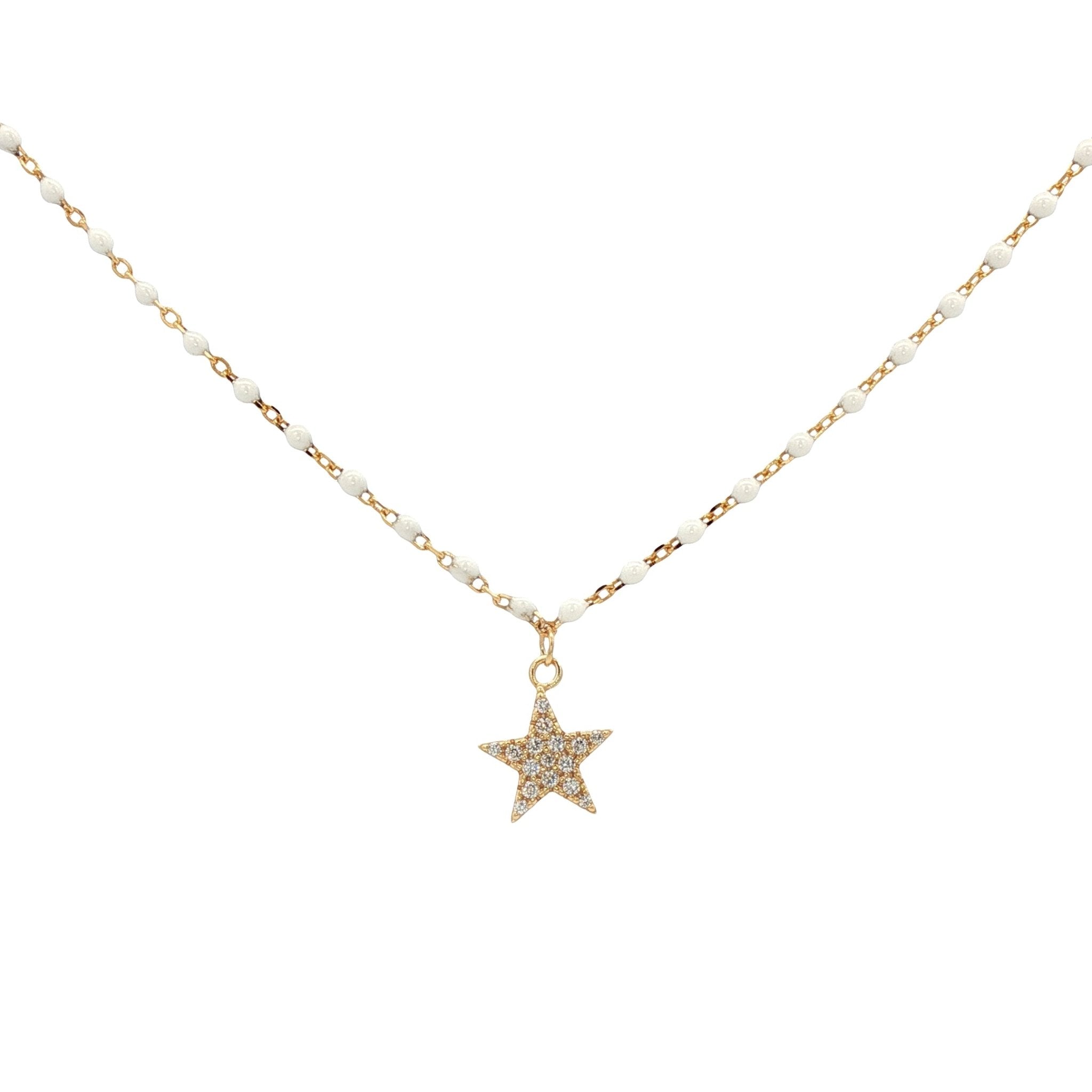 925YG STAR PAVE CZ AND BEAND ENAMEL WHITE NECKLACE - C'SANTOS