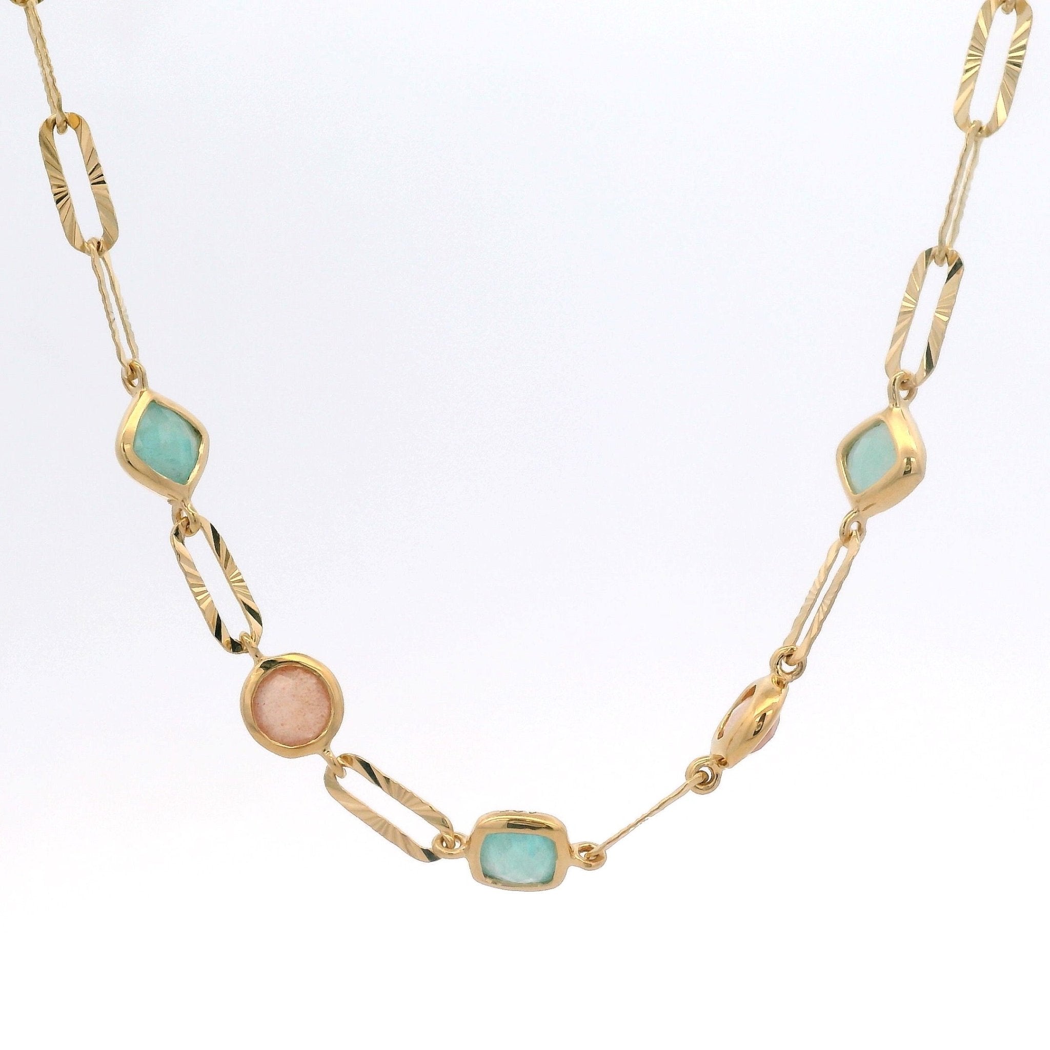 925YG STATION BEZEL AMAZONITE MOOSTONE PEACH NECKLACE - C'SANTOS