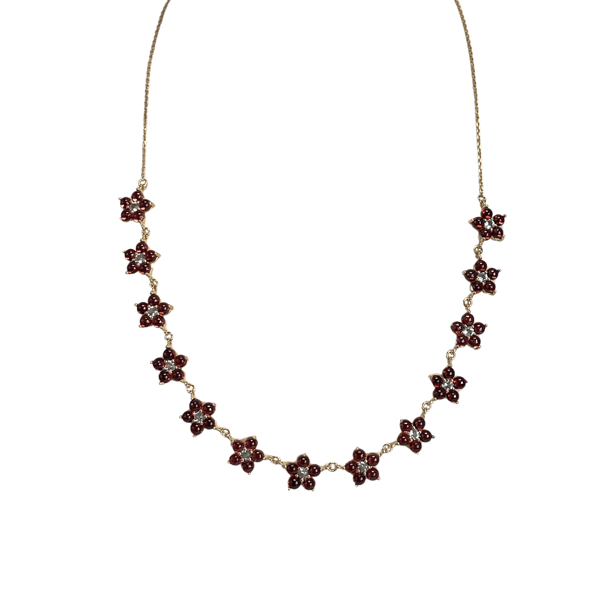 925YG STATION FLOWER 10MM GARNET CENTER TOPAZ WHITE NECKLACE - C'SANTOS