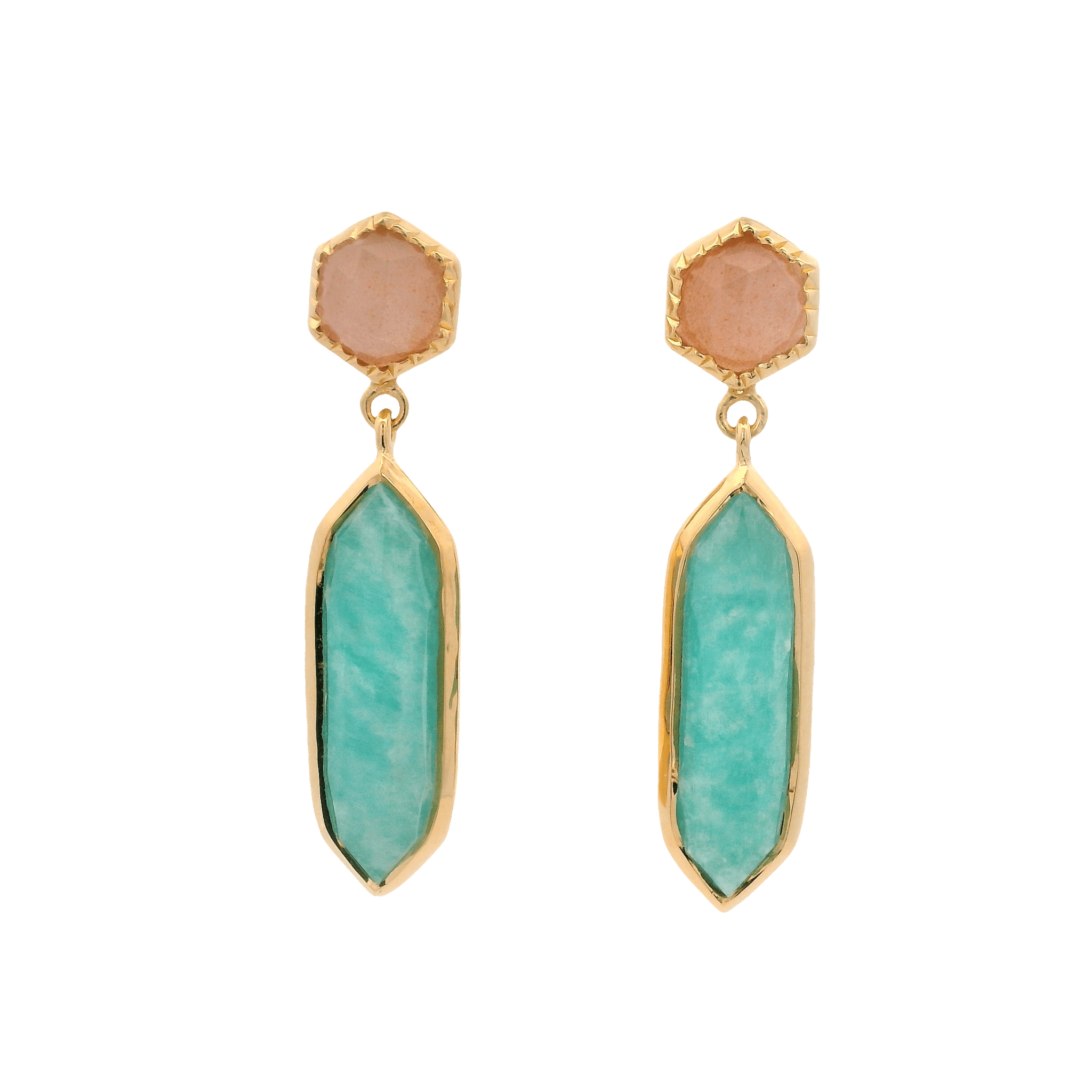925YG STUD MOOSTONE PEACH AND HEXAGONAL AMAZONITE EARRINGS - C'SANTOS