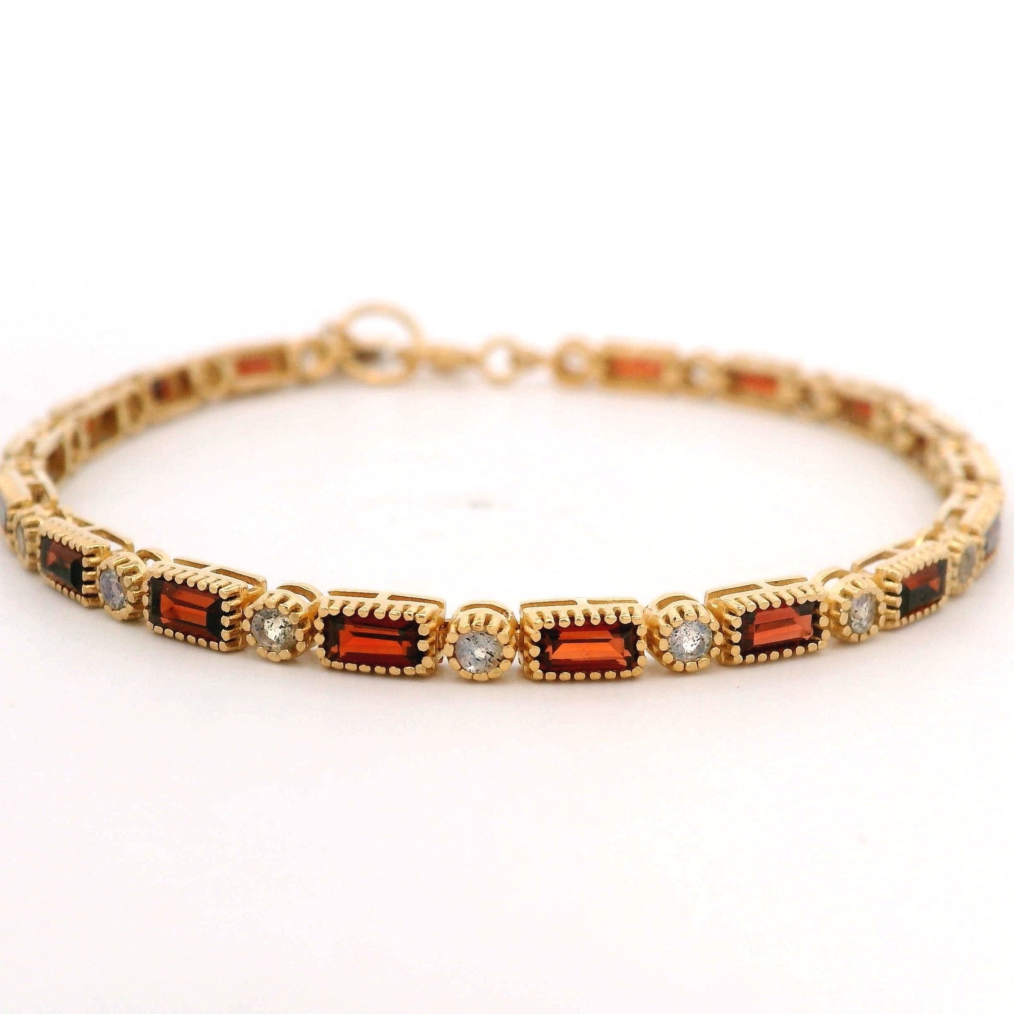 925YG TENNIS BAGUETTE GARNET BEZEL LABRADORITE BRACELET - C'SANTOS