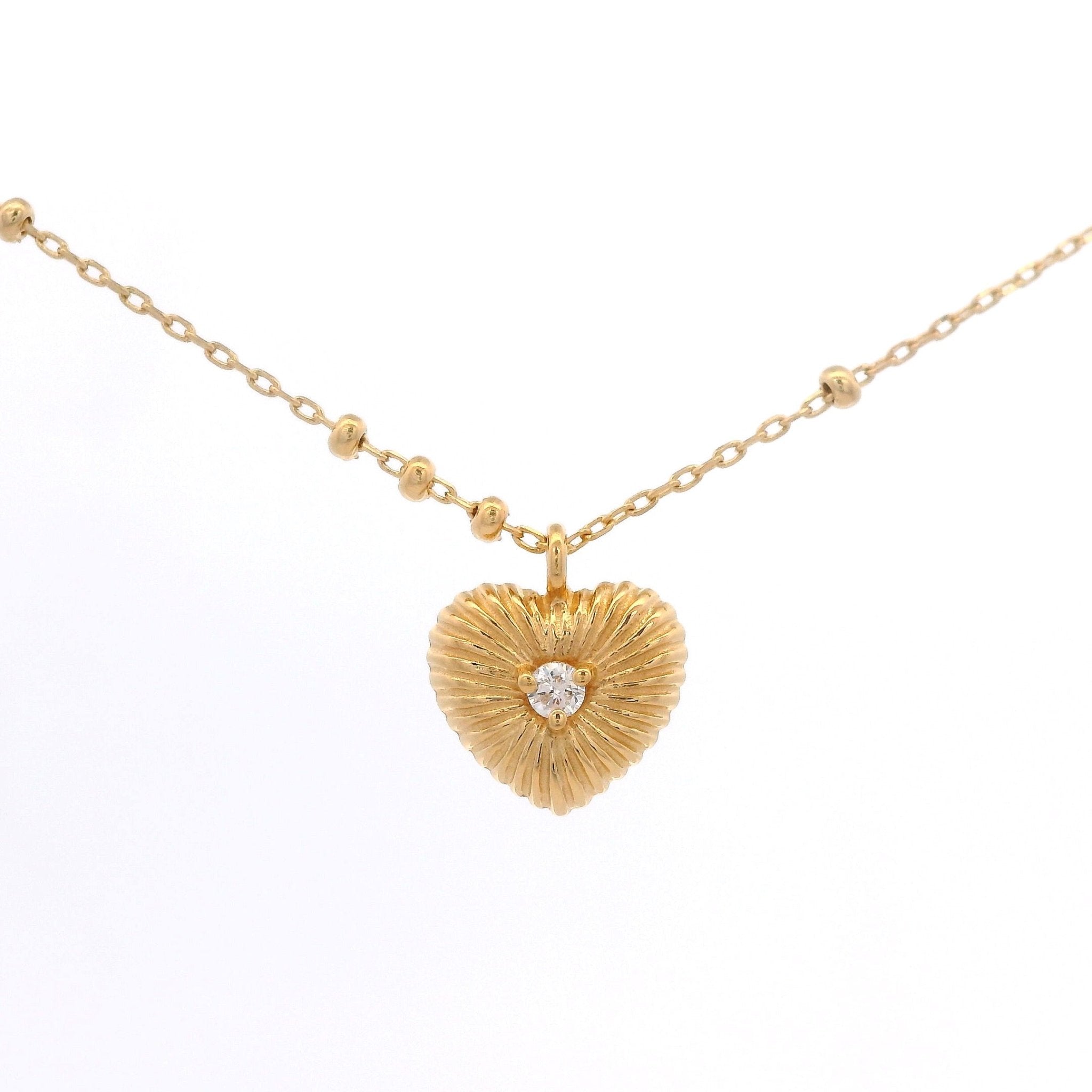 925YG TEXTURE HEART CENTER CZ NECKLACE - C'SANTOS