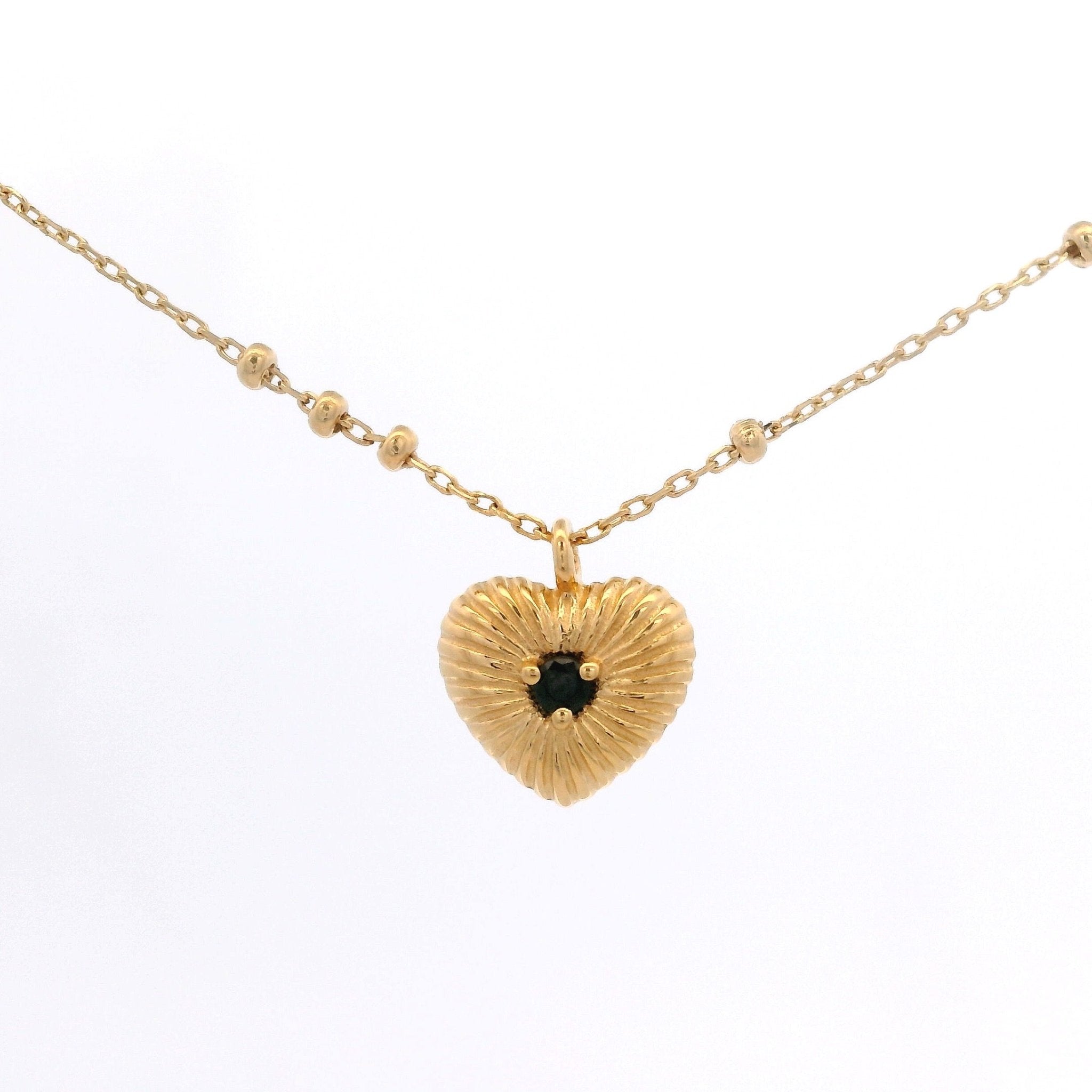 925YG TEXTURE HEART CENTER SPINEL BLACK NECKLACE - C'SANTOS