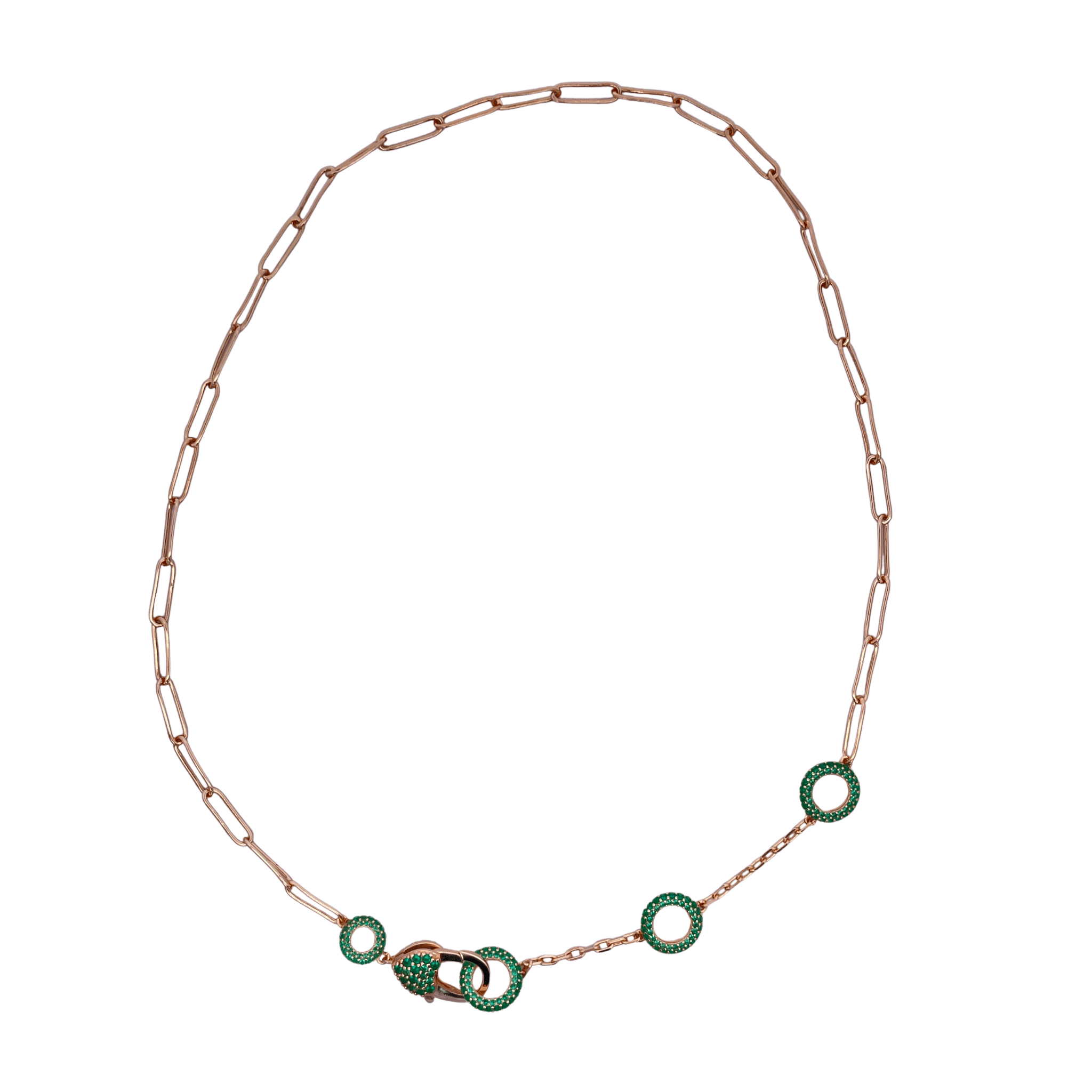 925YG TRIPLE CIRCLE CZ GREEN PAPERCLIP NECKLACE - C'SANTOS