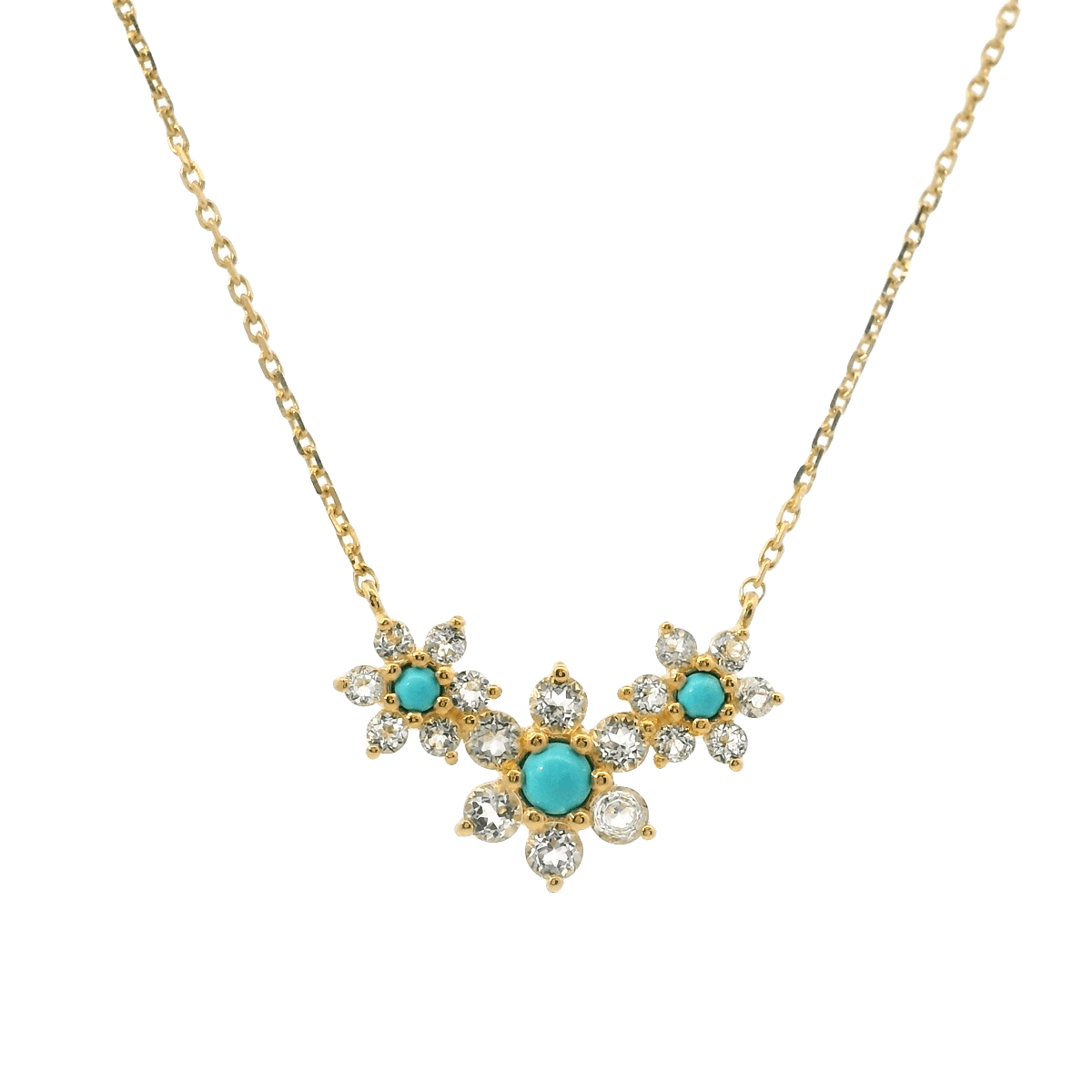 925YG TRIPLE FLOWER CENTER 11MM TURQUOISE SYN CENTER TOPAZ WHITE NECKLACE - C'SANTOS