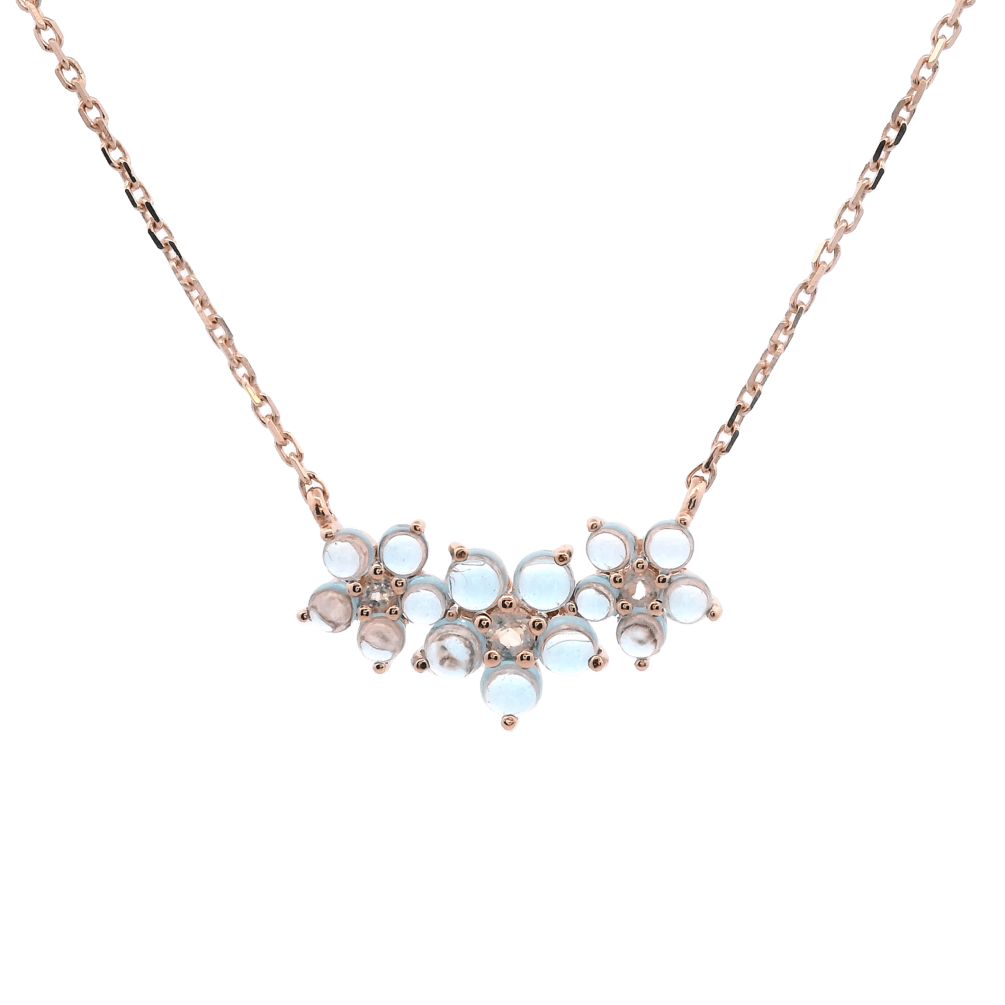 925YG TRIPLE FLOWER CENTER 8MM TOPAZ BLUE CENTER MOOSTONE NECKLACE - C'SANTOS