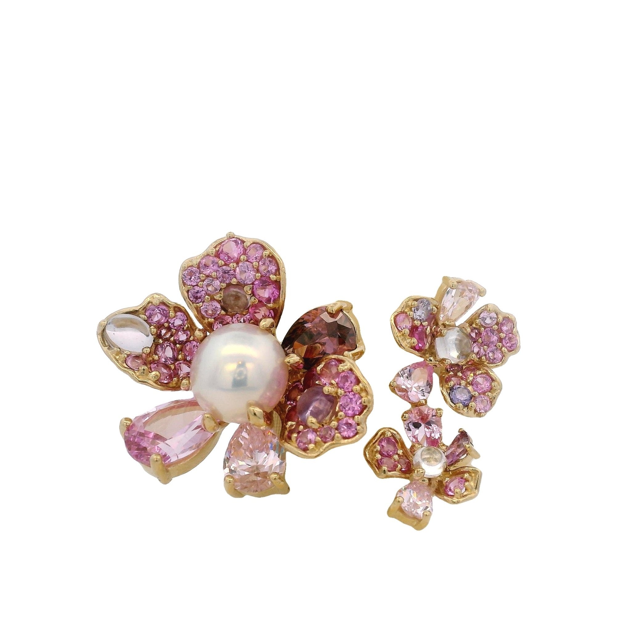925YG TRIPLE FLOWER PINK AND PEARL OPEN RING T7 - C'SANTOS