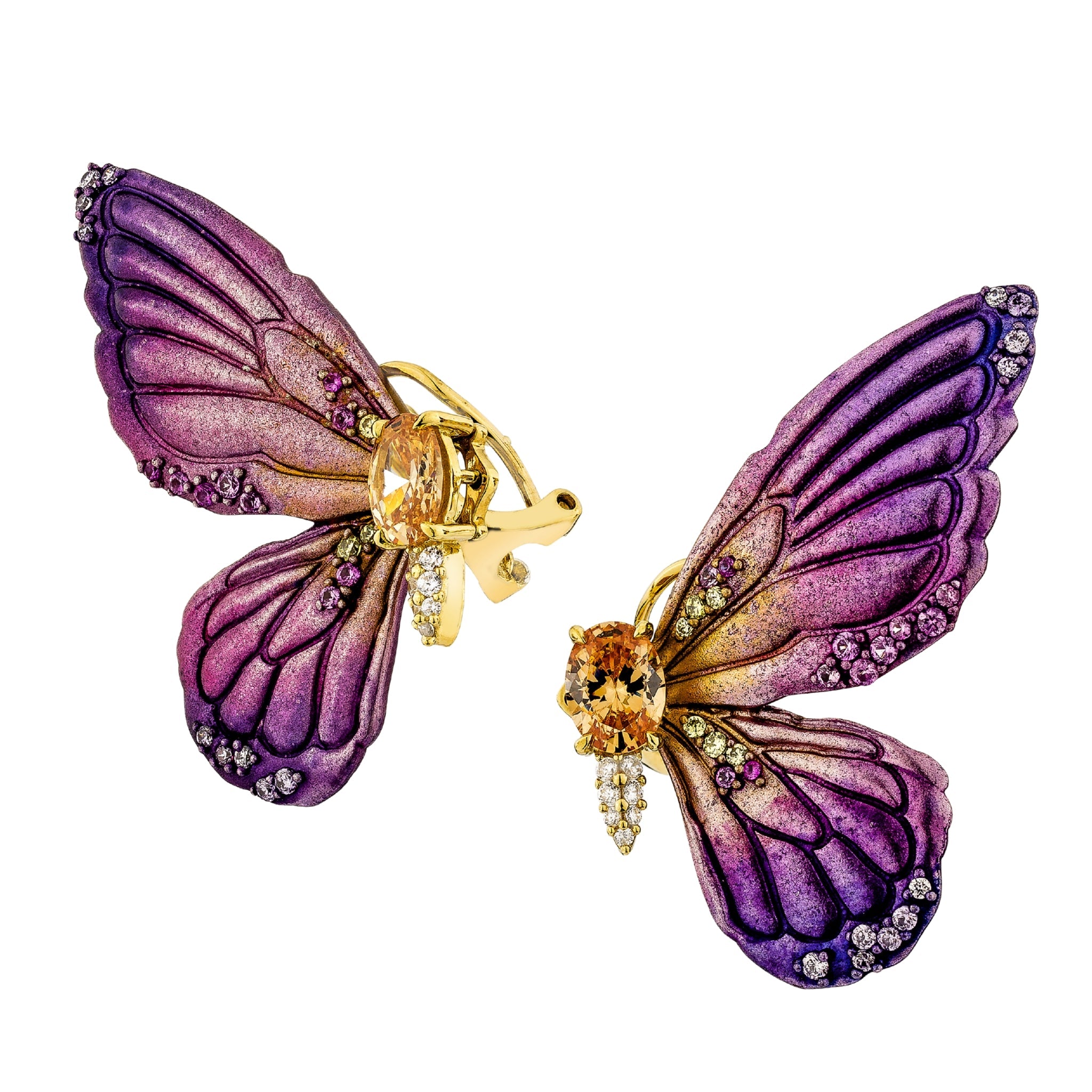 925YG WINGS BUTTERFLY ALUMINIUM PURPLE TONE CENTER CHAMPANGE CZ EARRINGS - C'SANTOS