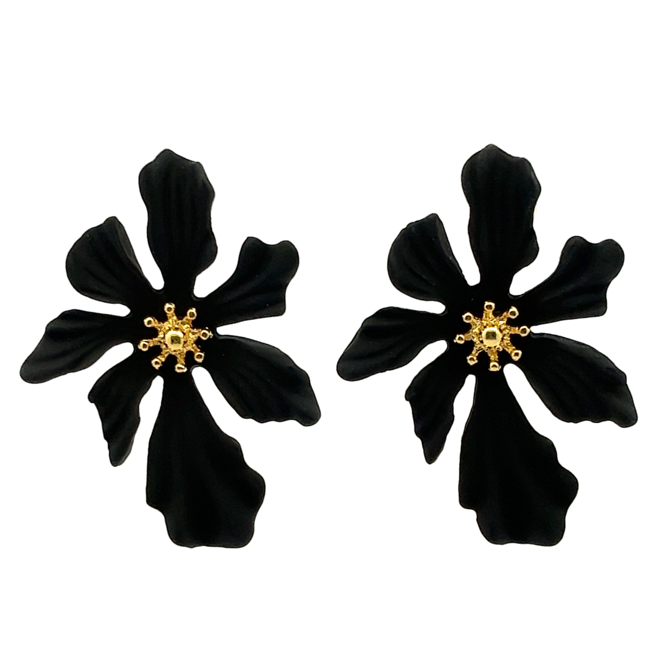 STUD EARRINGS WITH A LARGE TROPICAL BLACK FLOWER