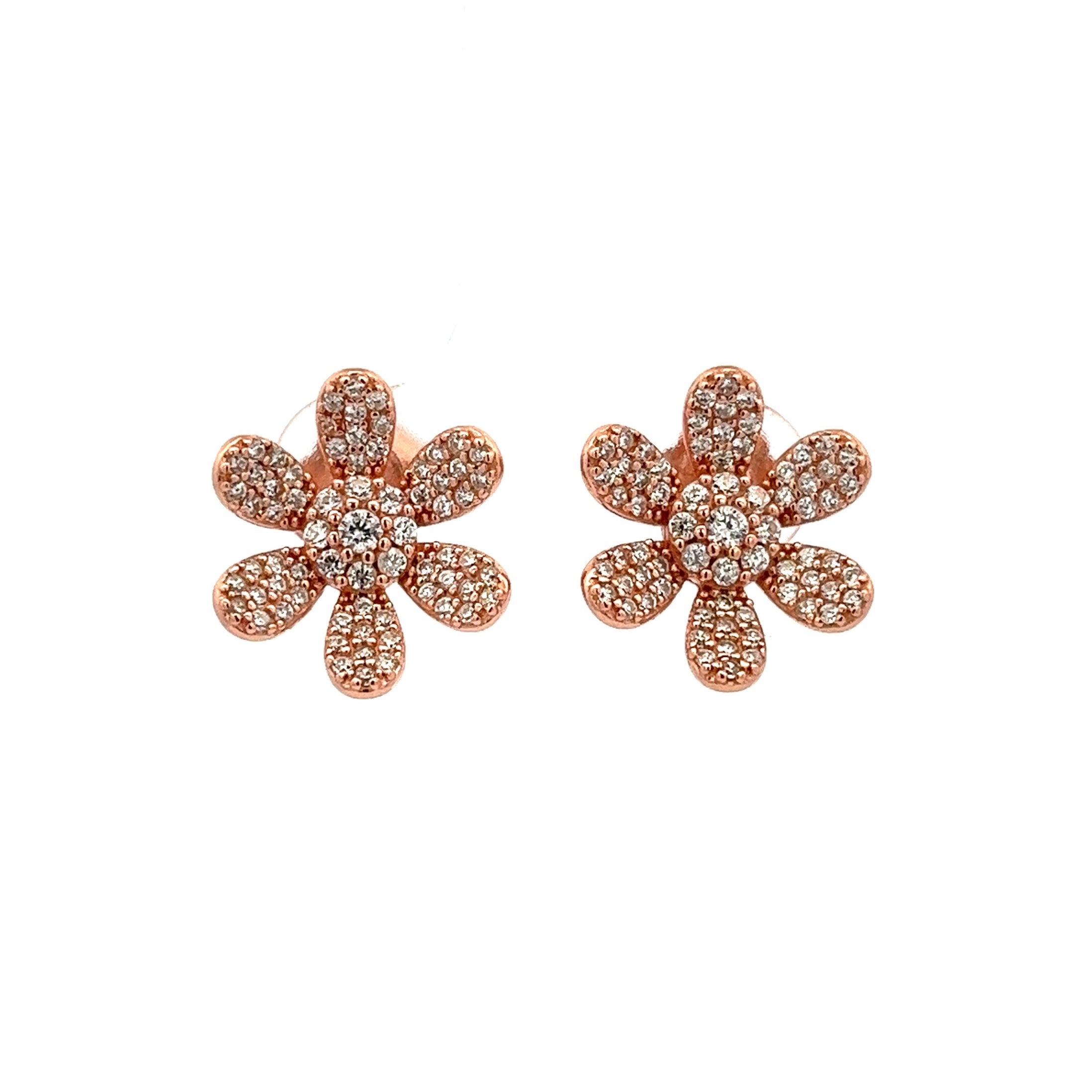 925 ROSE GOLD PLATED FLOWER STUD EARRINGS WITH CRYSTALS