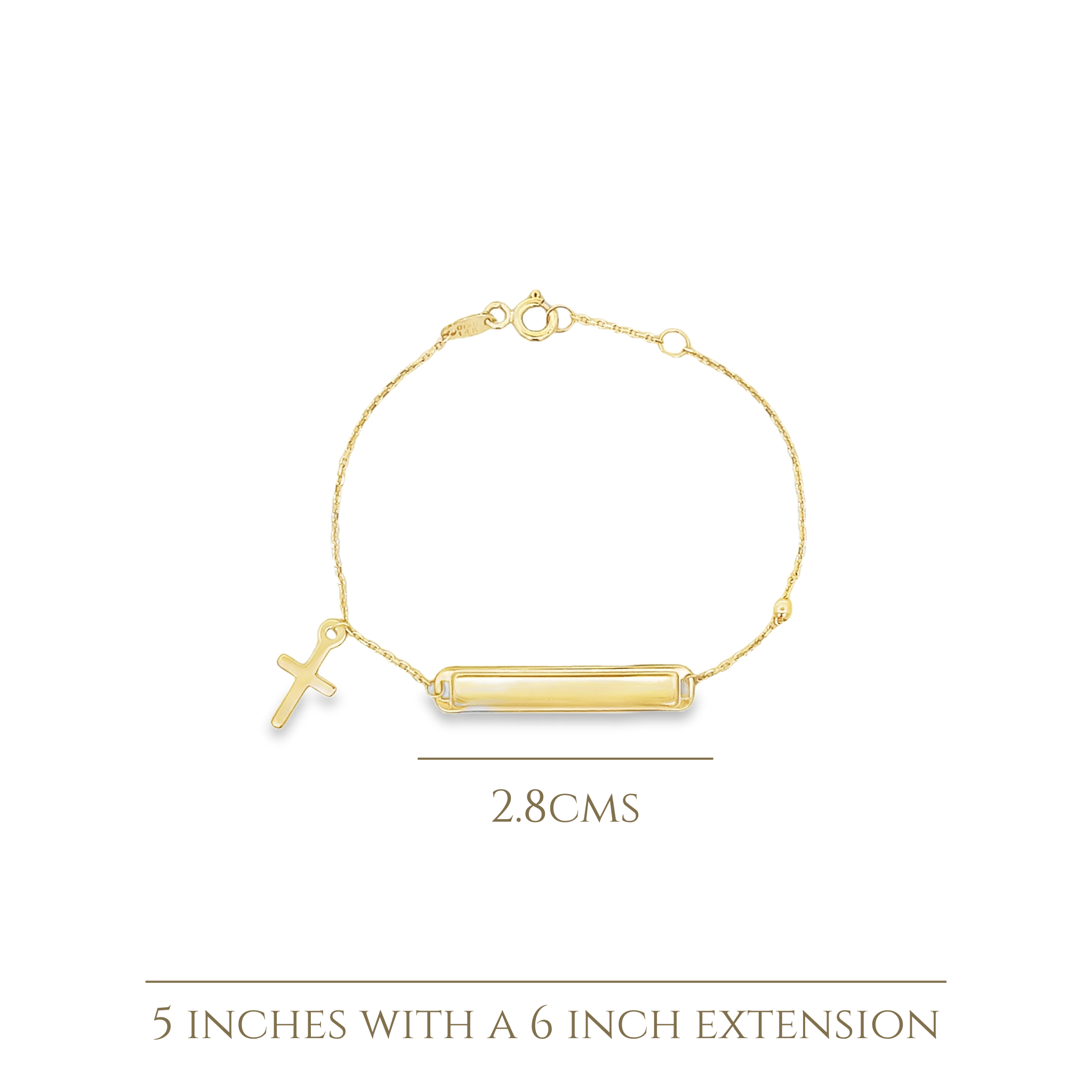 14KY ENGRAVABLE BAR AND TINY CROSS BRACELET