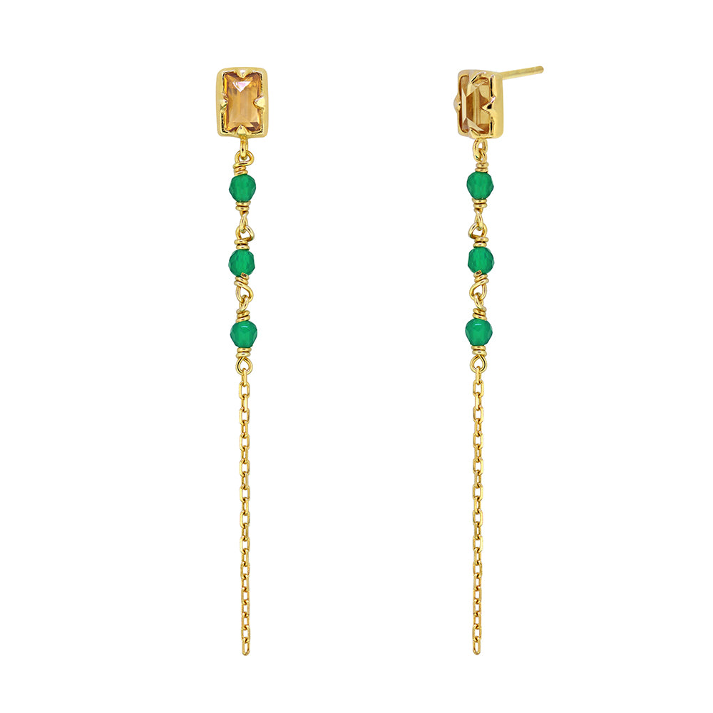925YG MINI BAGUETTE CITRINE CHAIN BEANDS ONYX EARRINGS