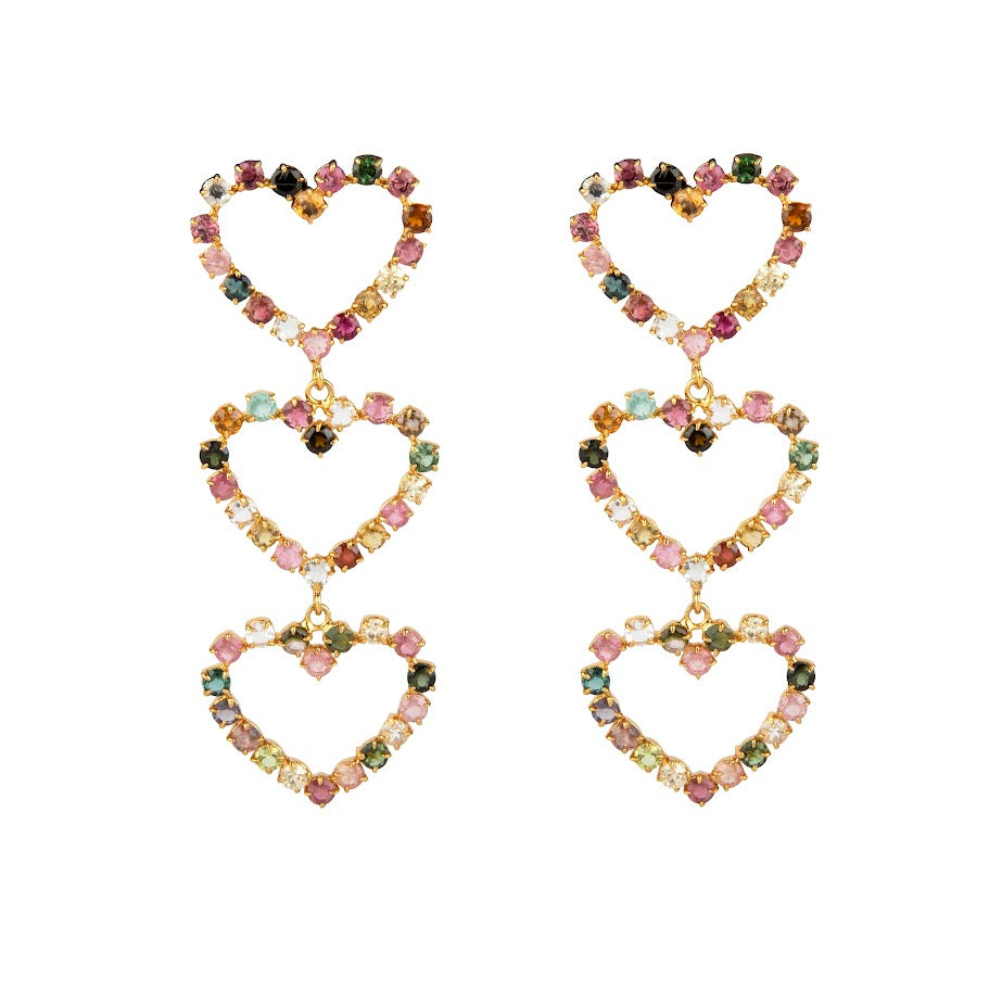 EARRINGS ROW OF THREE HEARTS SET WITH FACETED 3MM ROUND TOURMALINES