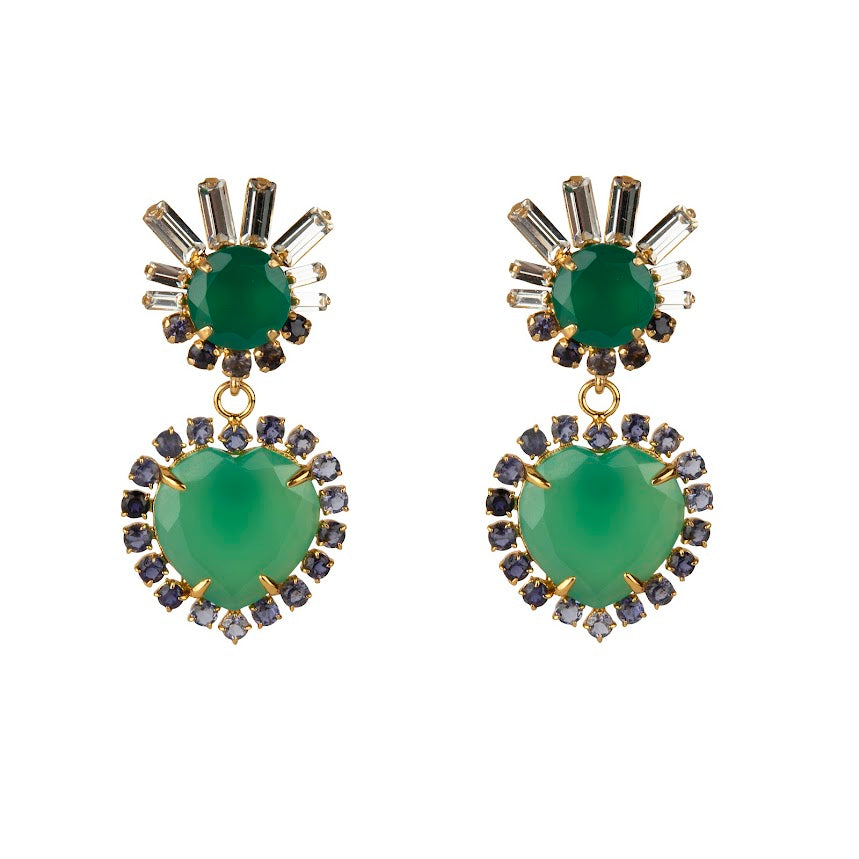 EARRINGS GREEN ONYX CZ BAGUETTES AND GREEN ONYX HEART SHAPE SURROUNDED WITH 3MM ILOLITES