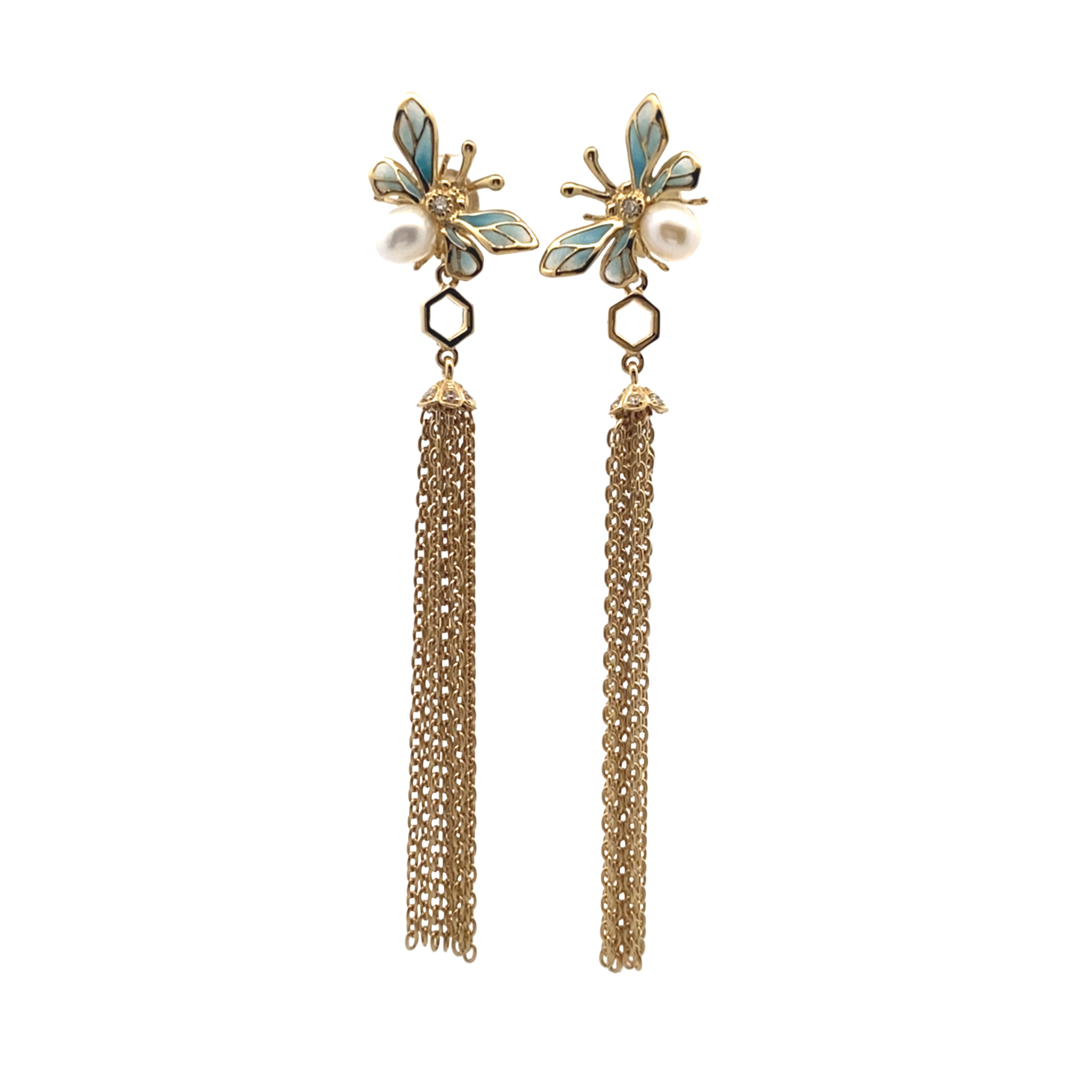 925YG BEE ENAMEL SKY BLUE AND DROP CHAIN EARRINGS