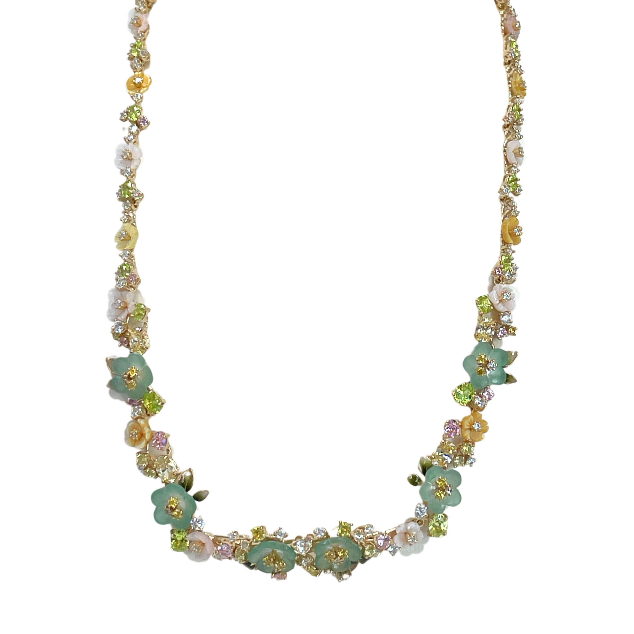 925YG LINKS OF FLOWERS GREEN AND MIX STONE NECKLACE