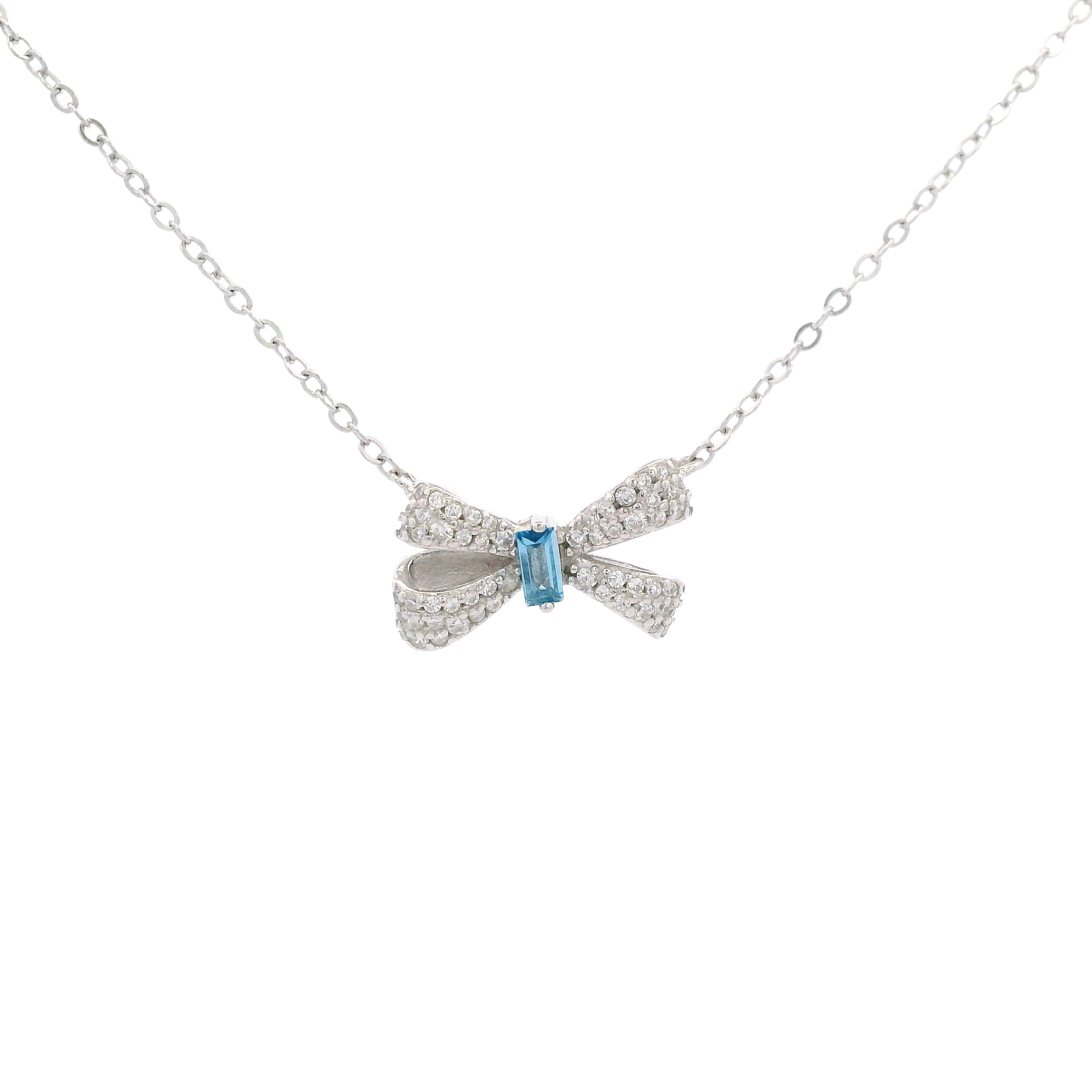 925SL SMALL BOW PAVE CENTER CZ BLUE NECKLACE