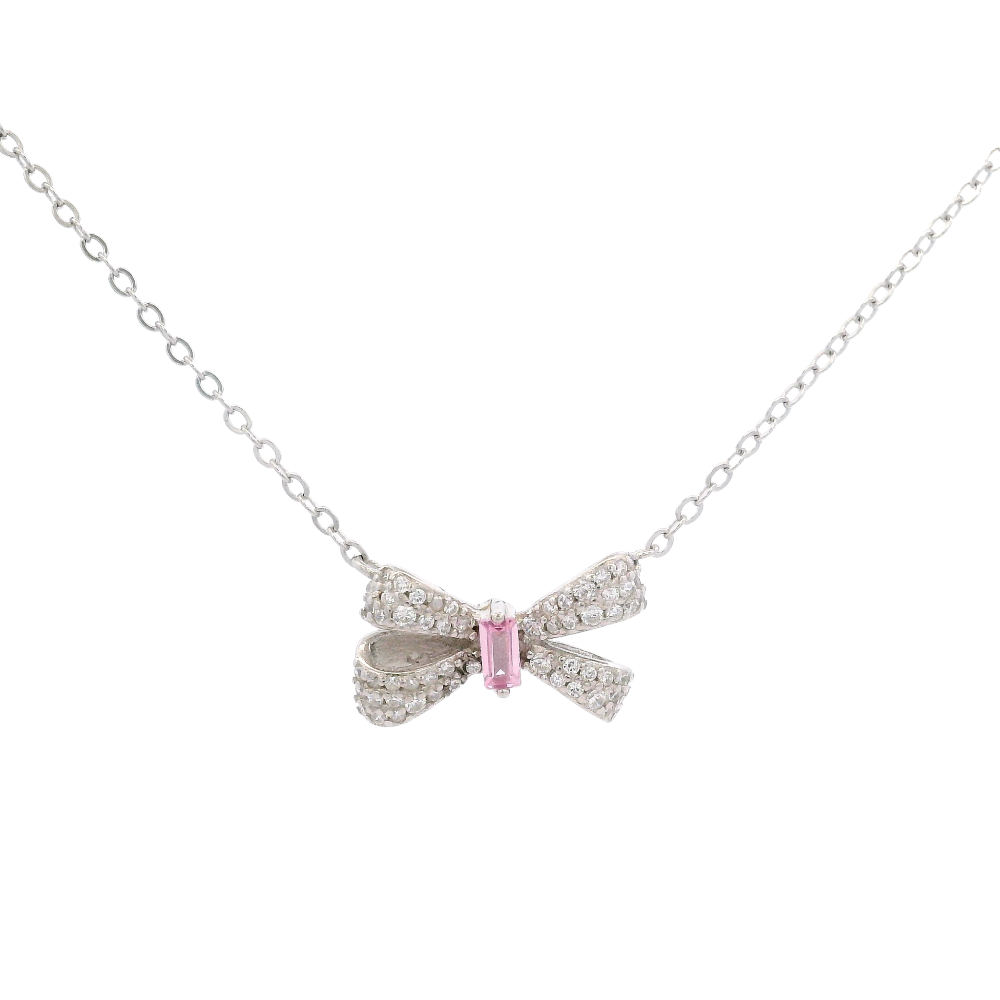 925SL SMALL BOW PAVE CENTER CZ PINK NECKLACE