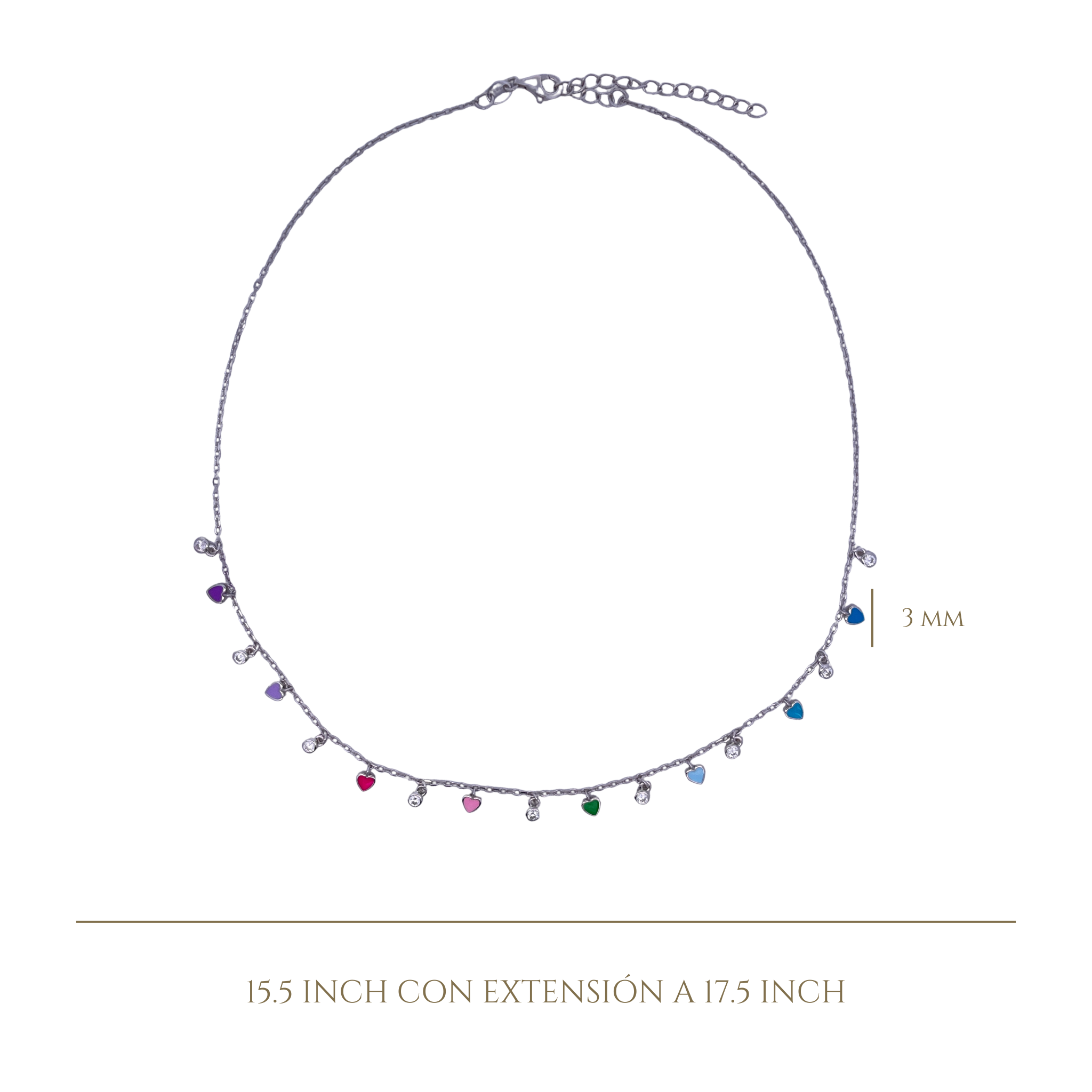 925SL MINI HEARTS WITH MINI BEZEL MULTICOLOR ENAMEL NECKLACE