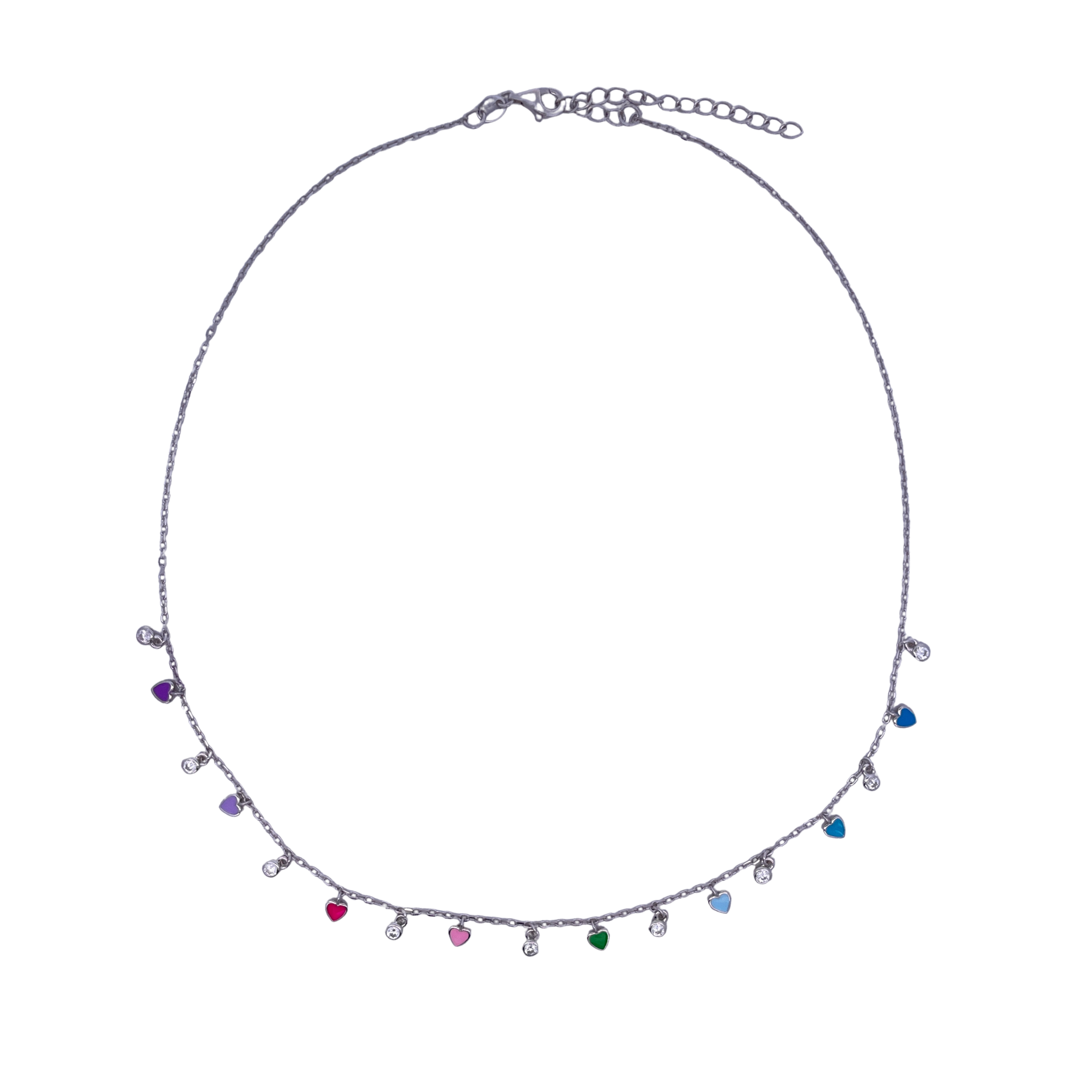 925SL MINI HEARTS WITH MINI BEZEL MULTICOLOR ENAMEL NECKLACE