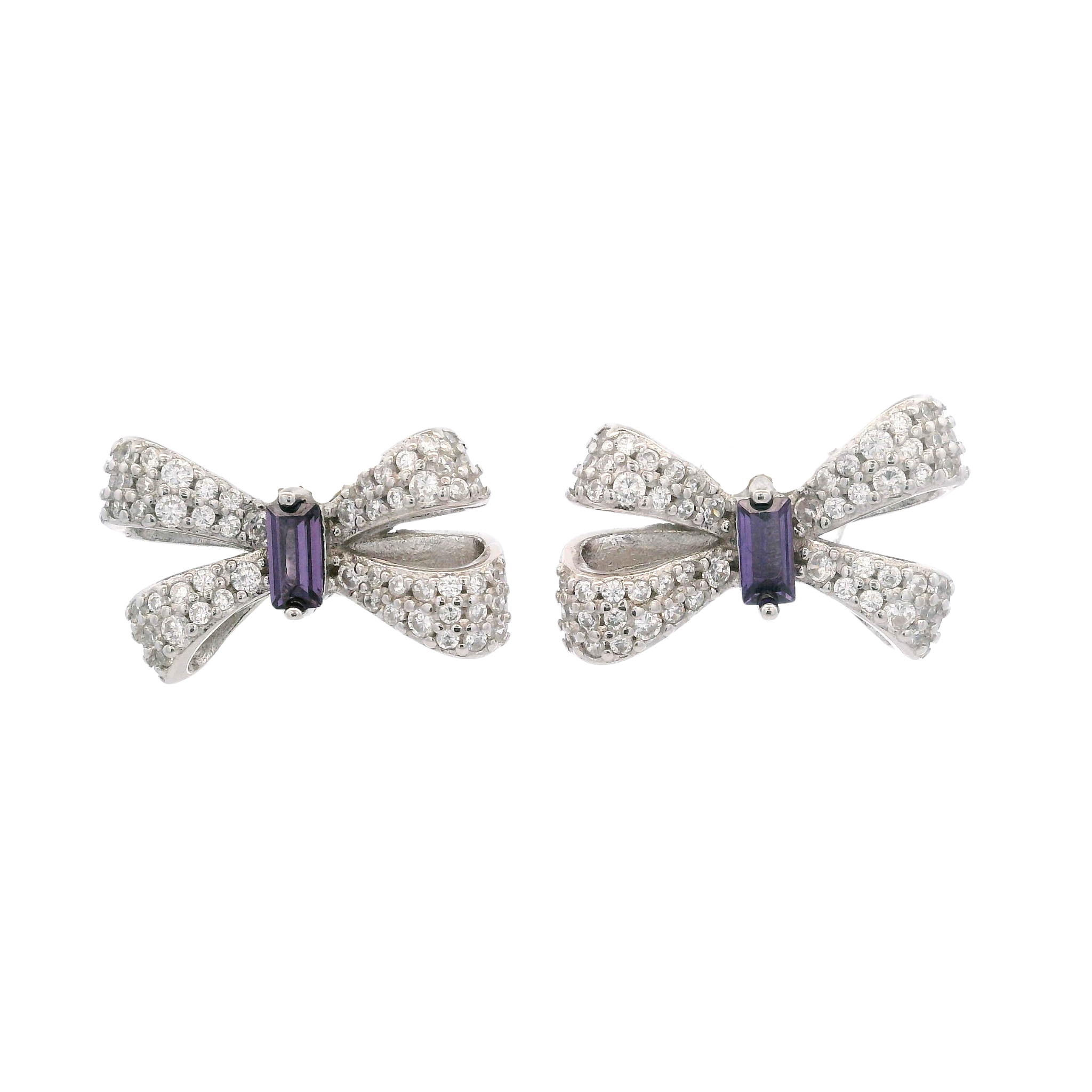 925SL SMALL BOW PAVE CENTER CZ PURPLE EARRINGS