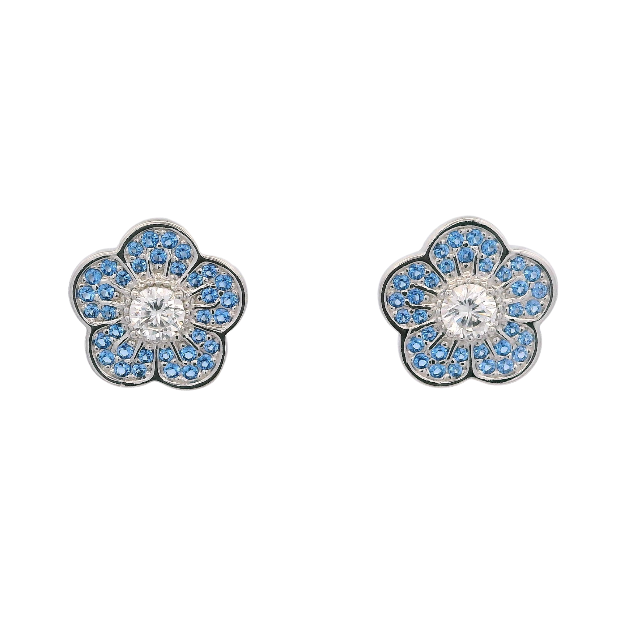 925SL SMALL FLOWER CZ BLUE EARRINGS