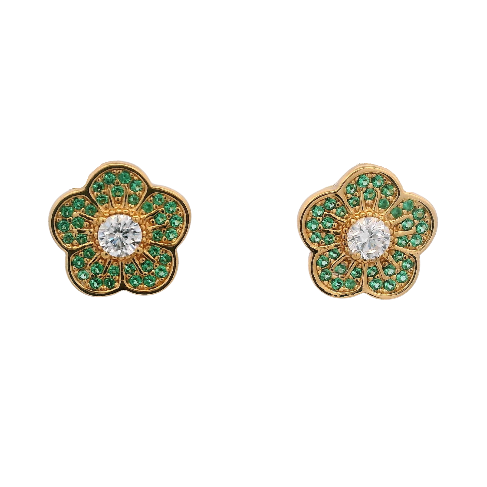 925YG SMALL FLOWER CZ GREEN EARRINGS