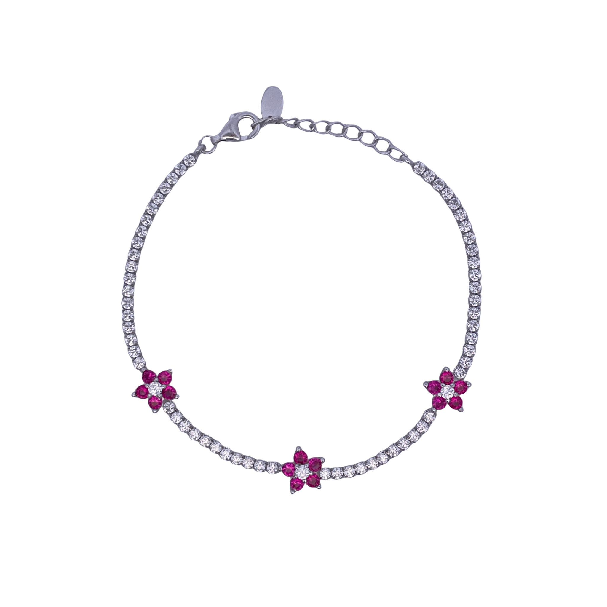925SL TENNIS TRIPLE FLOWER CZ FUCHSIA BRACELET