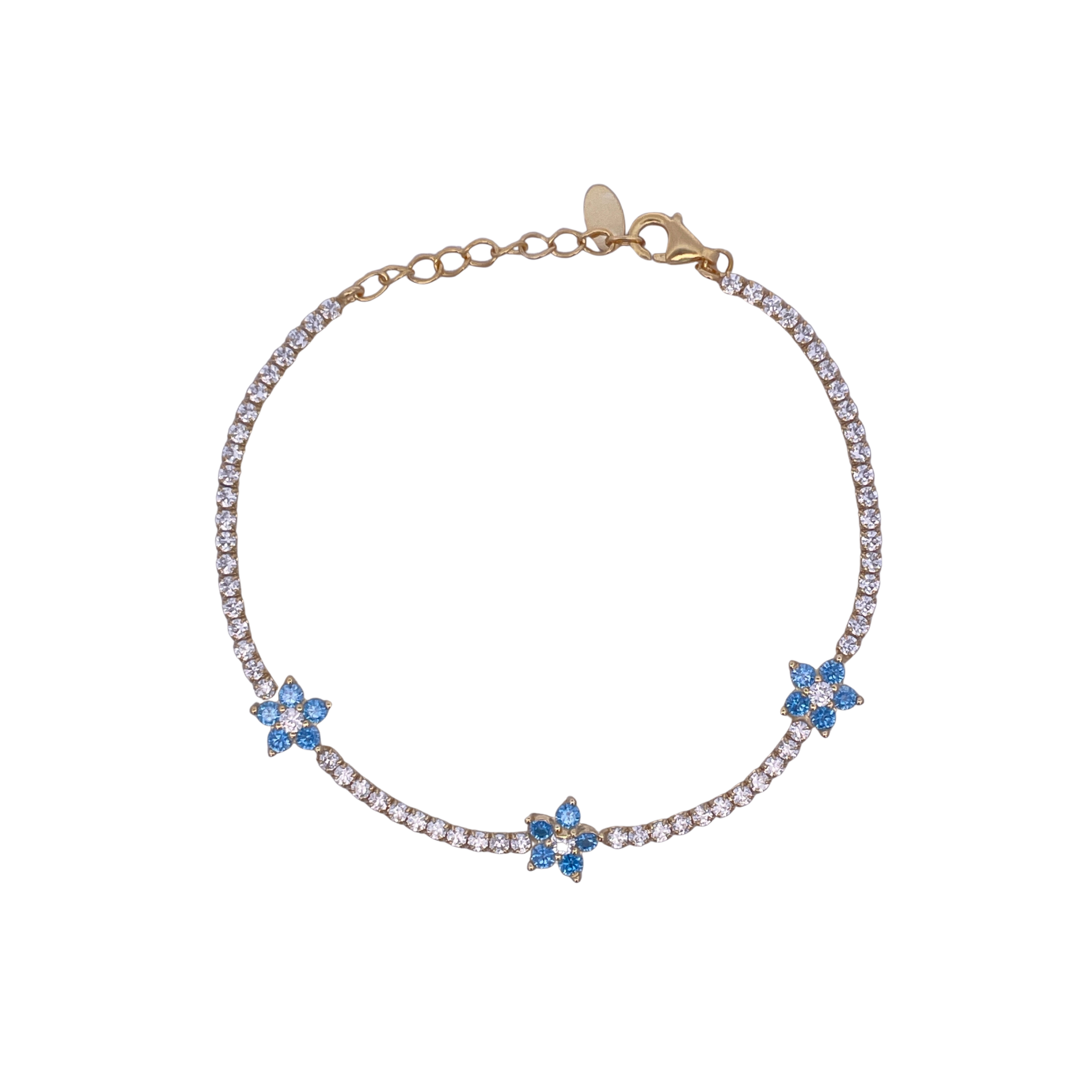 925YG TENNIS TRIPLE FLOWER CZ SKY BLUE BRACELET