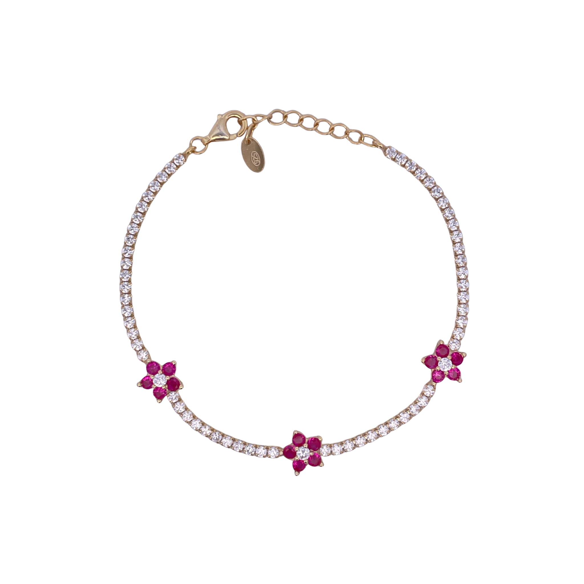 925YG TENNIS TRIPLE FLOWER CZ FUCHSIA BRACELET