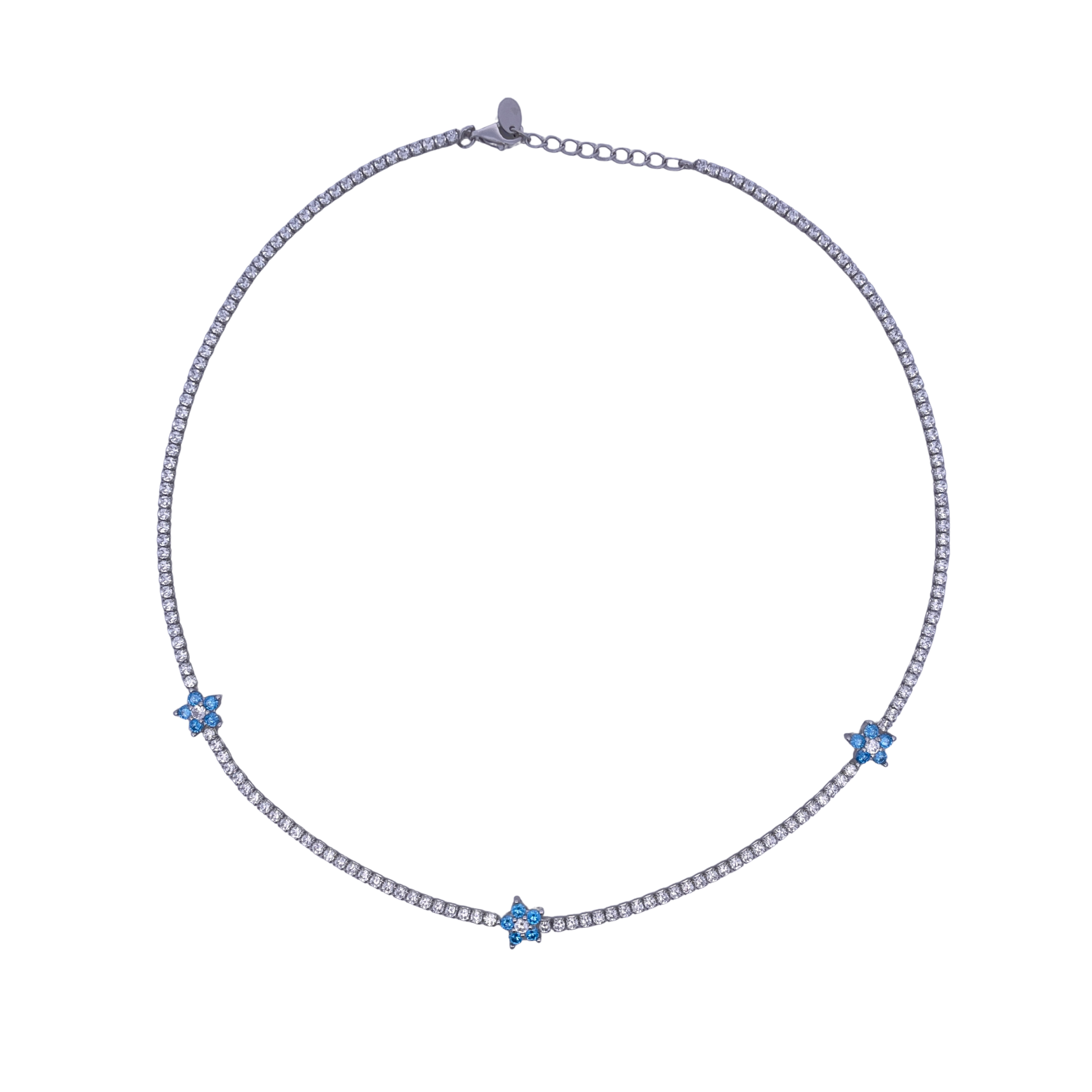 925SL TENNIS TRIPLE FLOWER CZ SKY BLUE NECKLACE