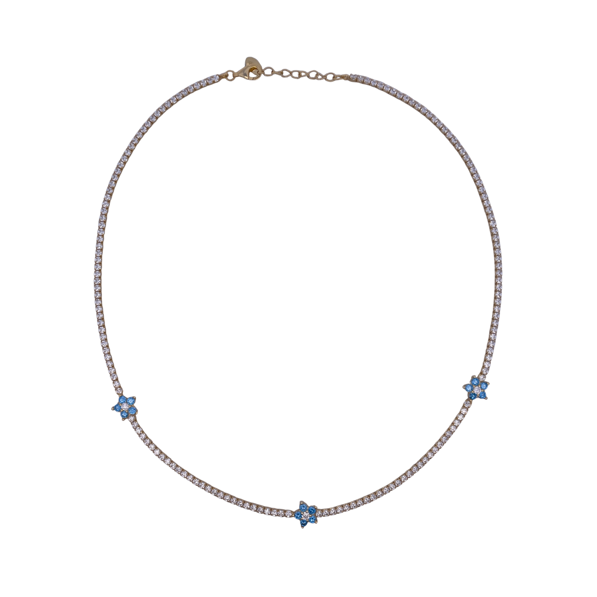925YG TENNIS TRIPLE FLOWER CZ SKY BLUE NECKLACE