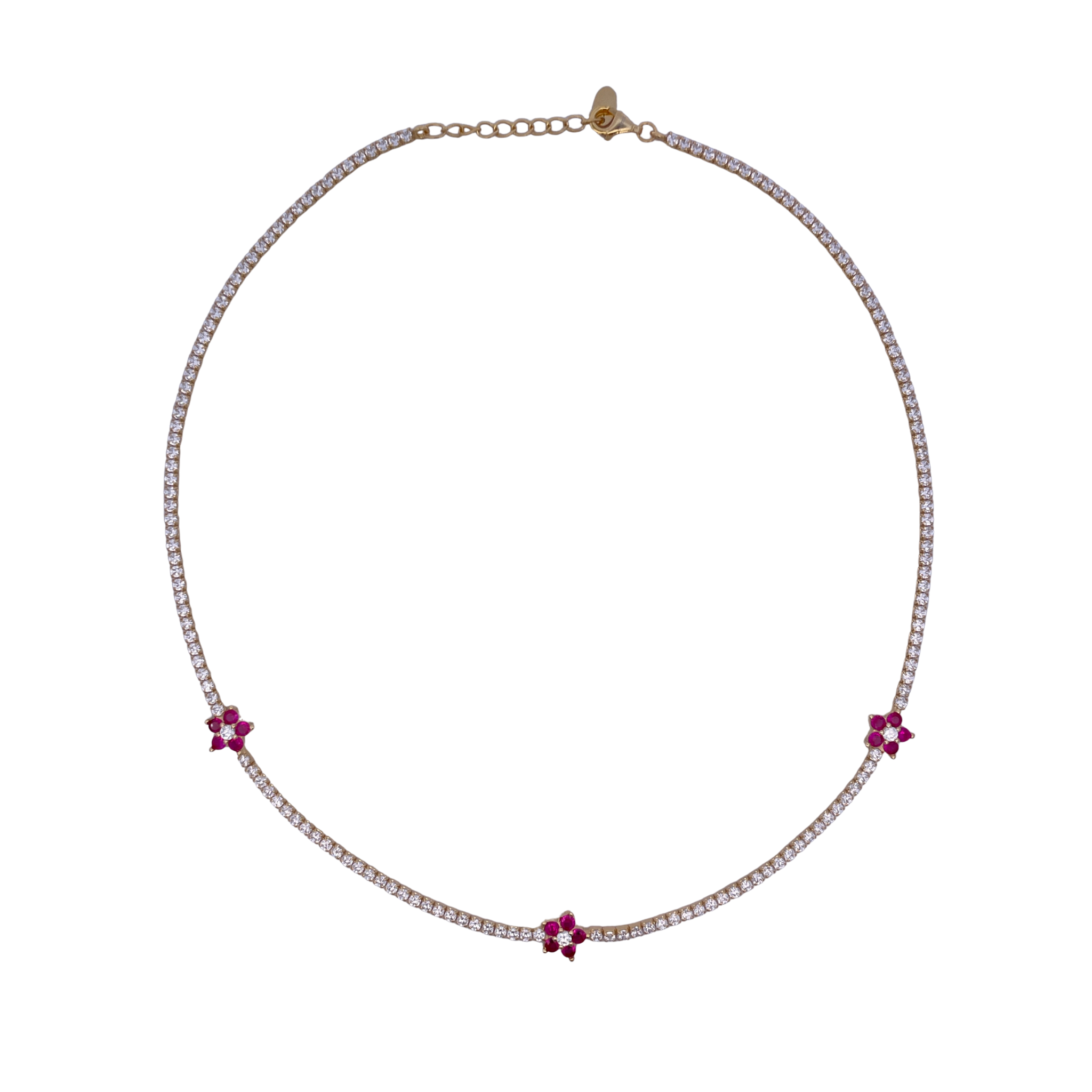 925YG TENNIS TRIPLE FLOWER CZ FUCHSIA NECKLACE
