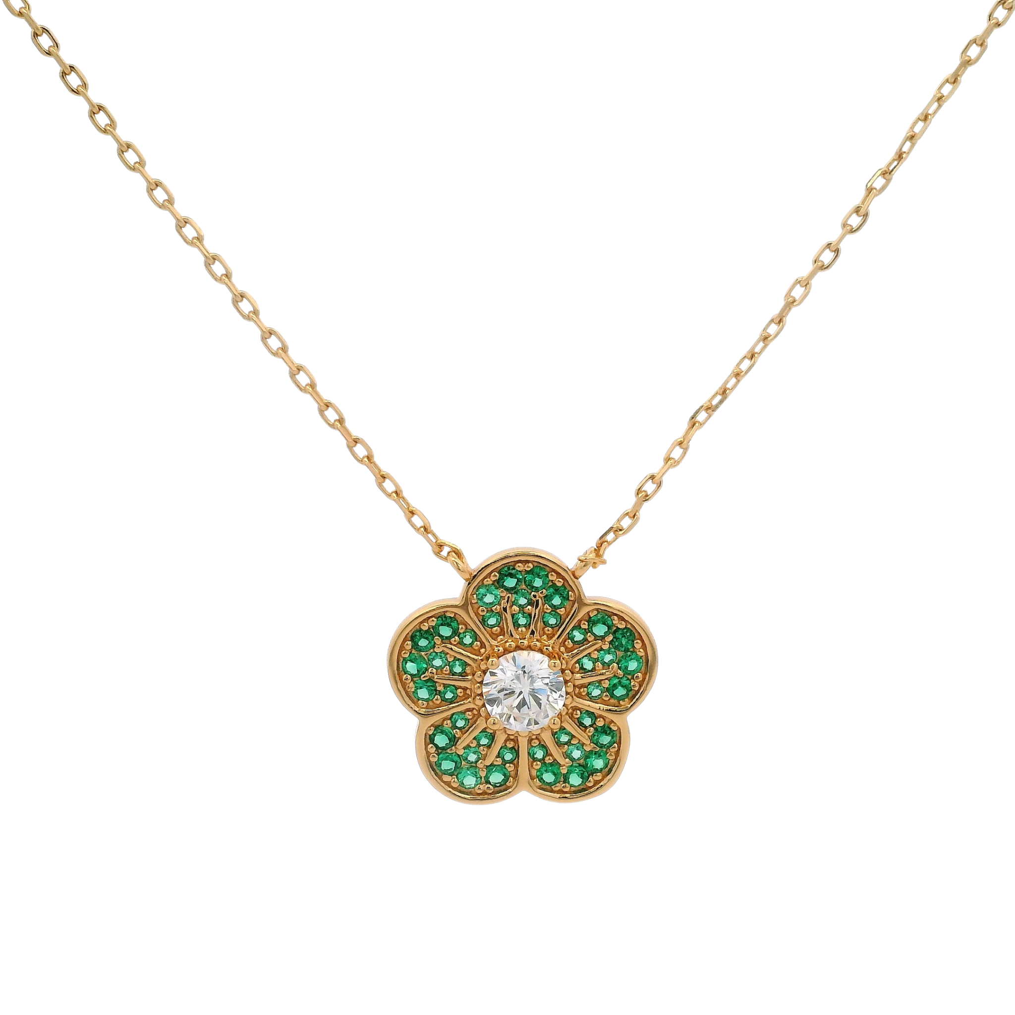 925YG SMALL FLOWER CZ GREEN NECKLACE