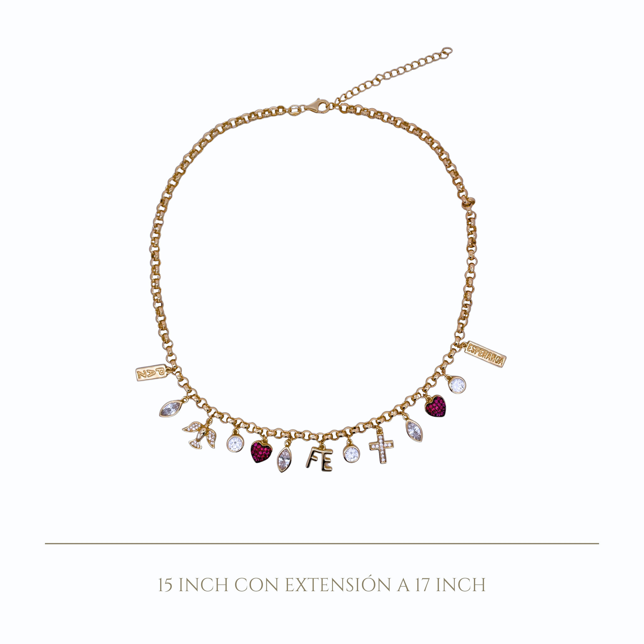 925YG MULTICHARMS RELIGIOUS HEART FUSHIA FE PAZ NECKLACE