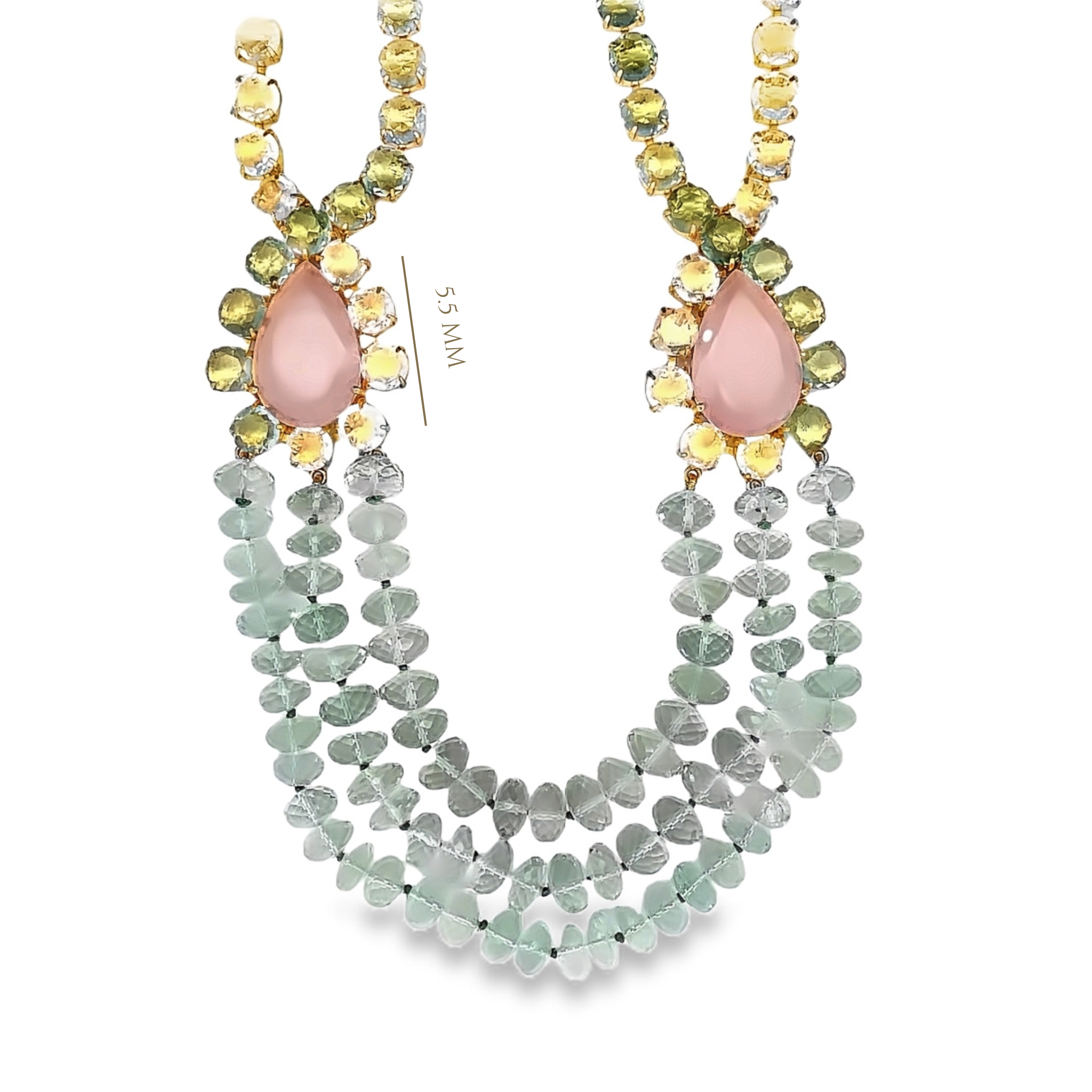 NECKLACE SET WITH ROSE QUARTZ GREEN AMETHYST CLEAR QUARTZ AND GREEN AMETHYST STRANDS