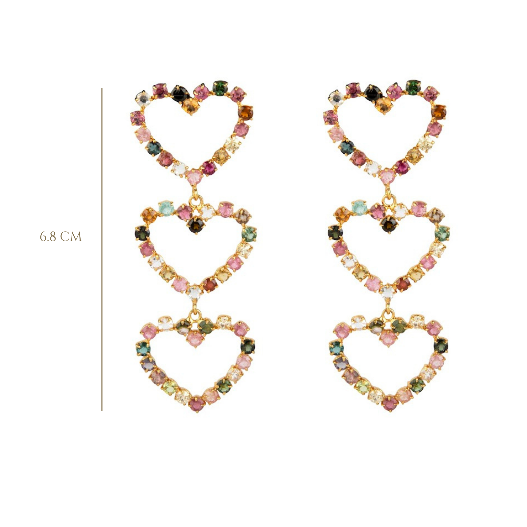 EARRINGS ROW OF THREE HEARTS SET WITH FACETED 3MM ROUND TOURMALINES