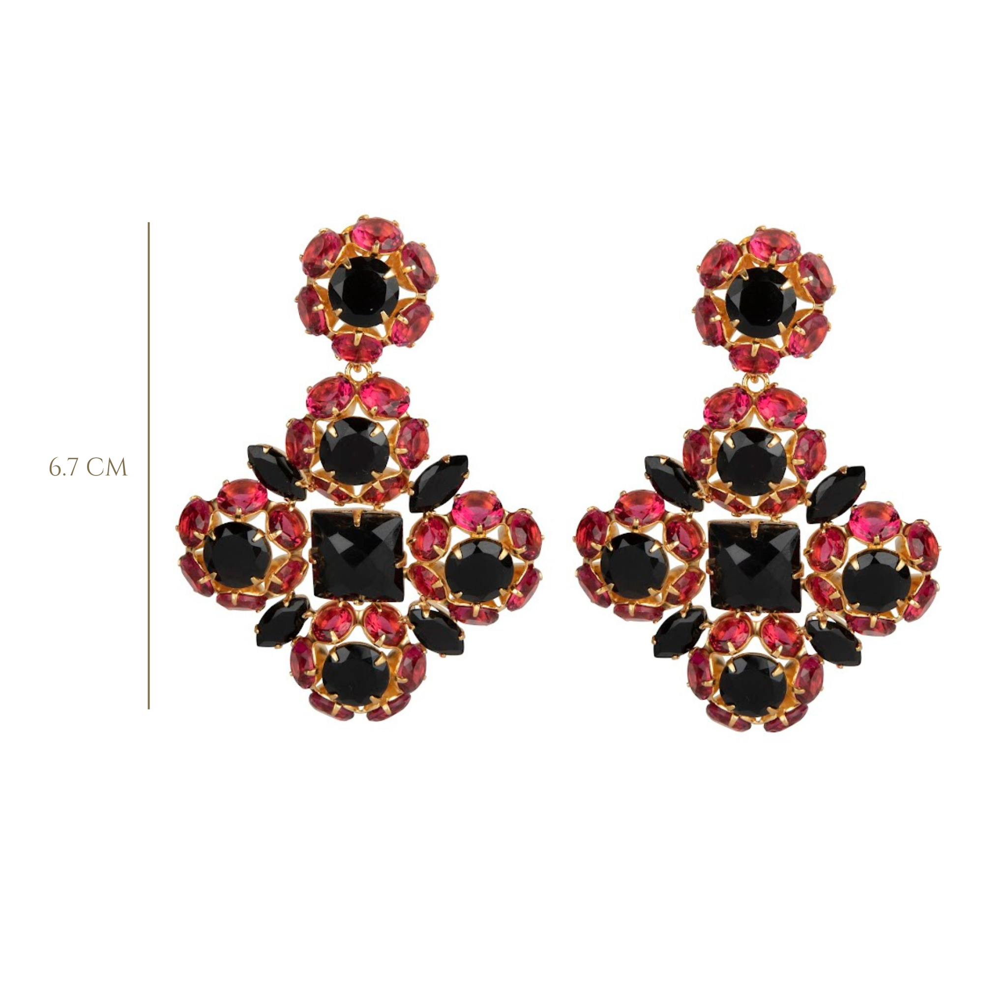EARRINGS METAL FLOWERS SET WITH FUCHSIA CZ AND BLACK ONYX