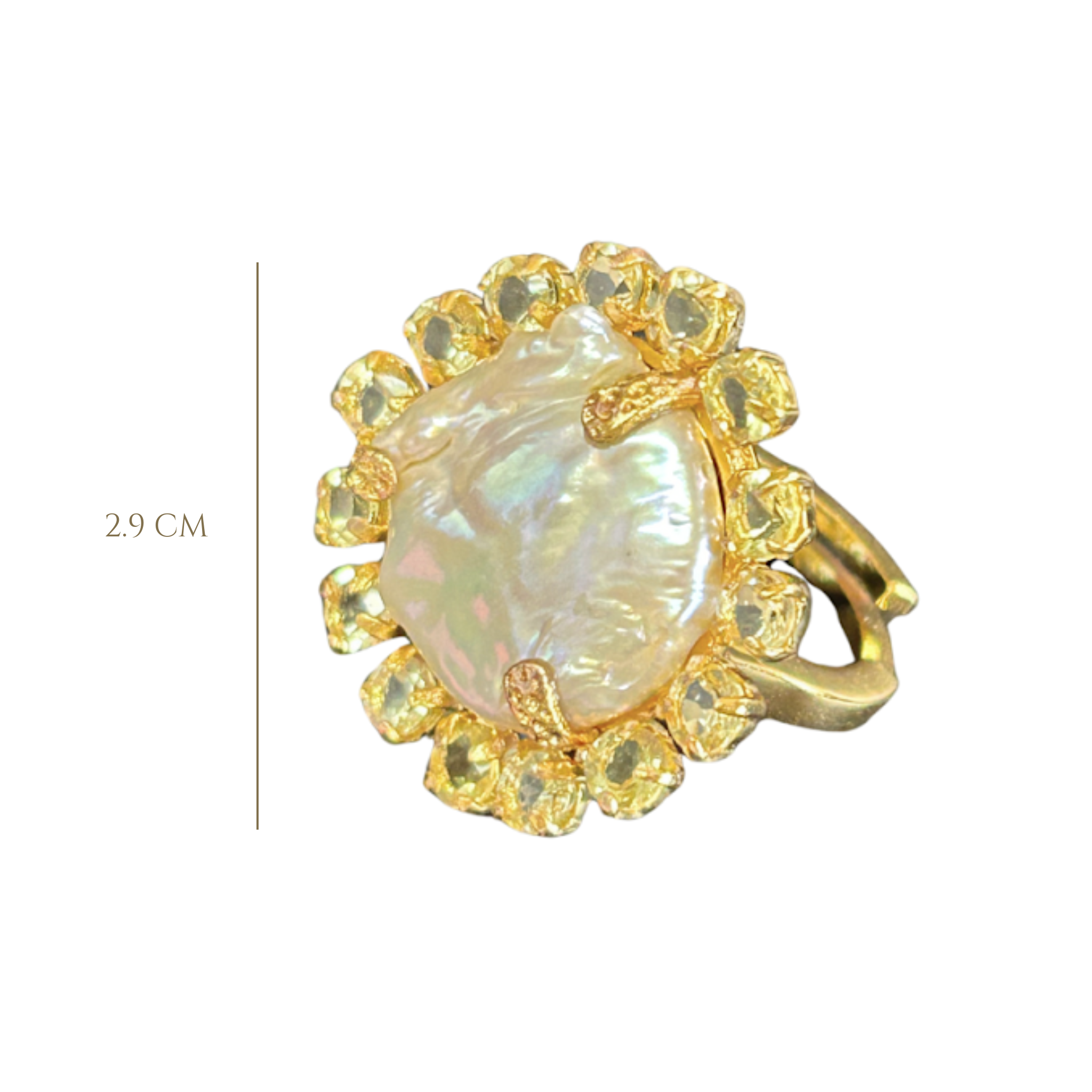 RING 15 MM ROUND COIN PEARL SURROUNDED WITH ROUND LEMON QUARTZ
