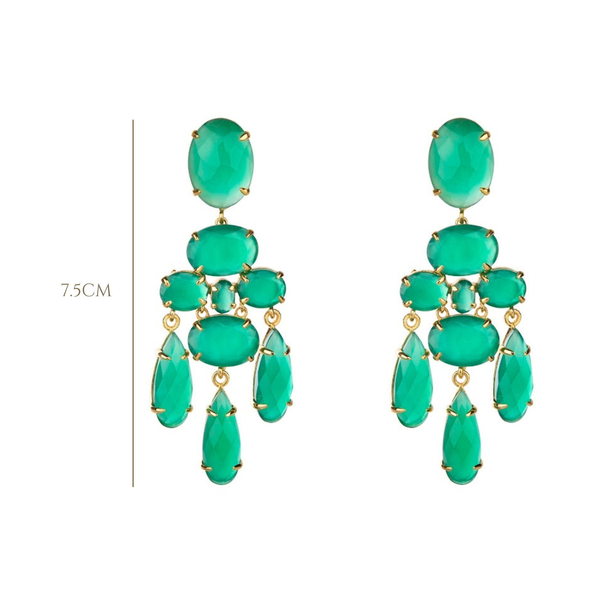 EARRINGS OVAL 18X13 TOP WITH CLUSTER OF OVALS AND THREE DROPS 26X8 ALL GREEN ONYX
