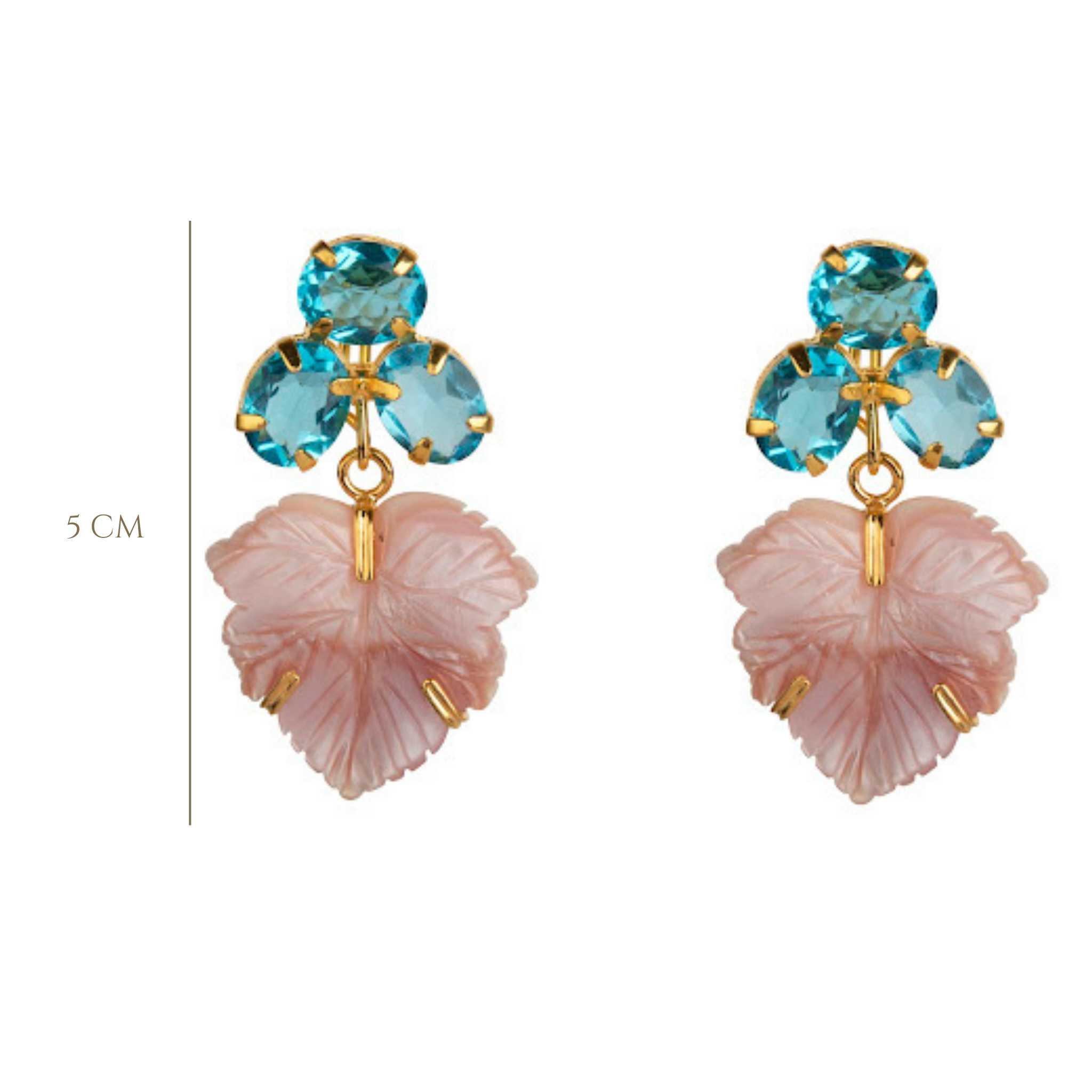 EARRINGS CLUSTER OF THREE OVAL BLUE QUARTZ WITH PINK MOTHER OF PEARL LEAF DROP