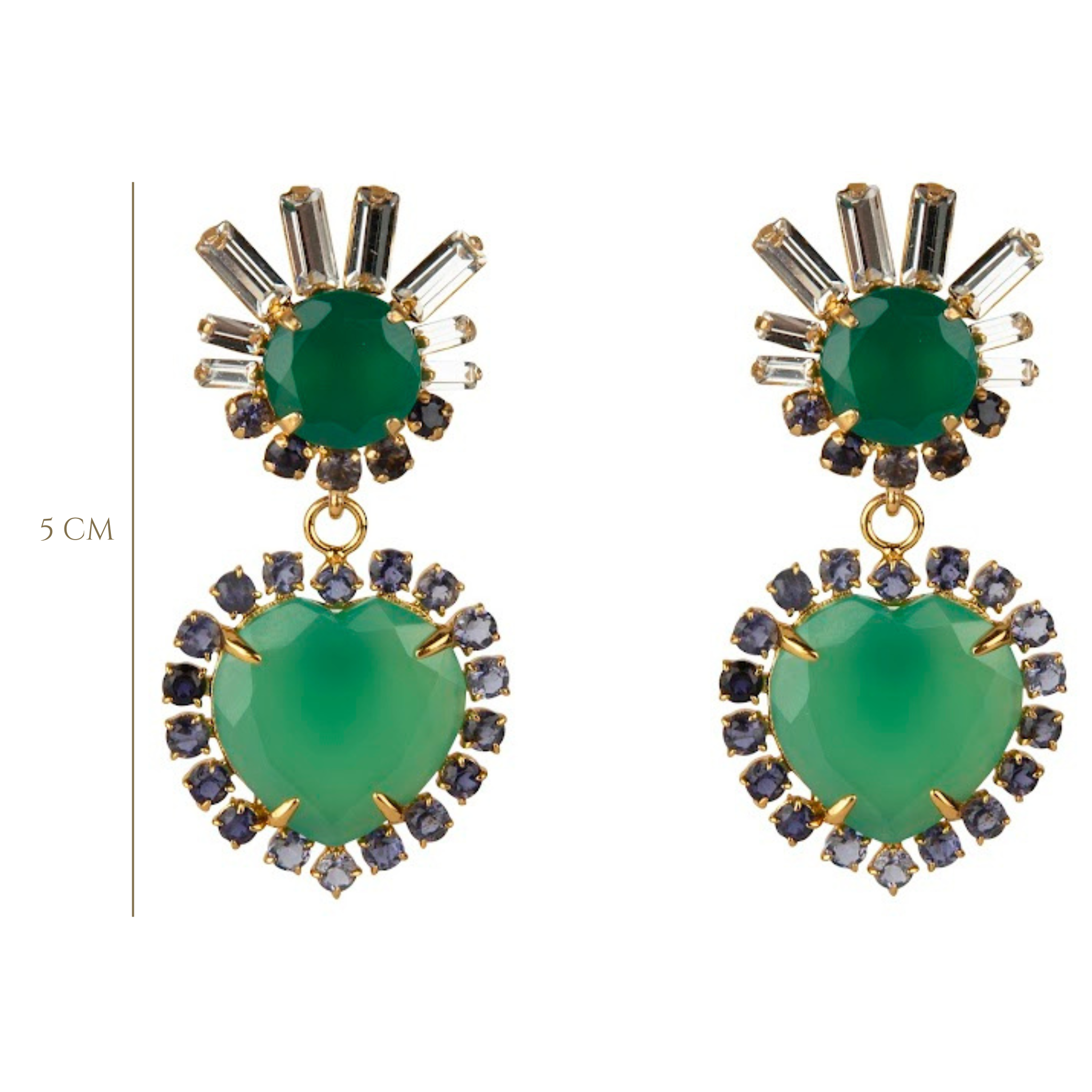 EARRINGS GREEN ONYX CZ BAGUETTES AND GREEN ONYX HEART SHAPE SURROUNDED WITH 3MM ILOLITES