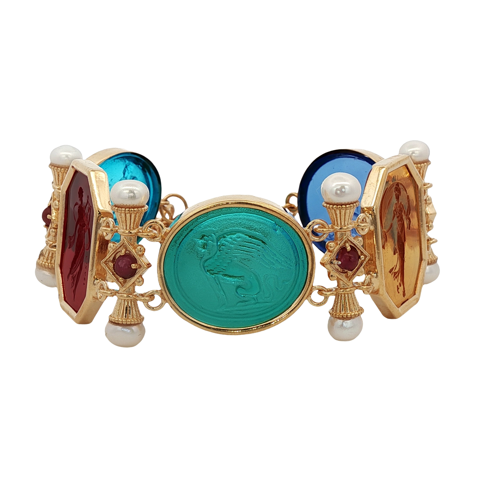 925YG STATION CHIMERA GREEN FORTUNE RED AND PEARL RUBY BRACELET