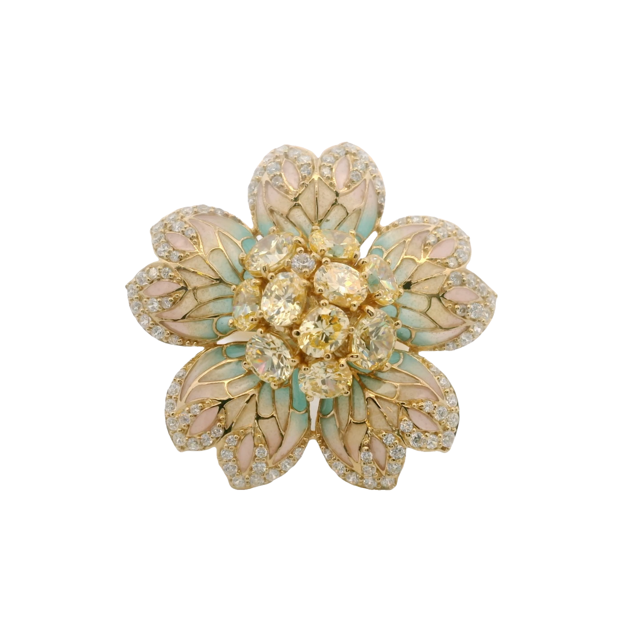 925YG BIG FLOWER ENAMEL TURQUESA PINK CENTER CZ RING T7