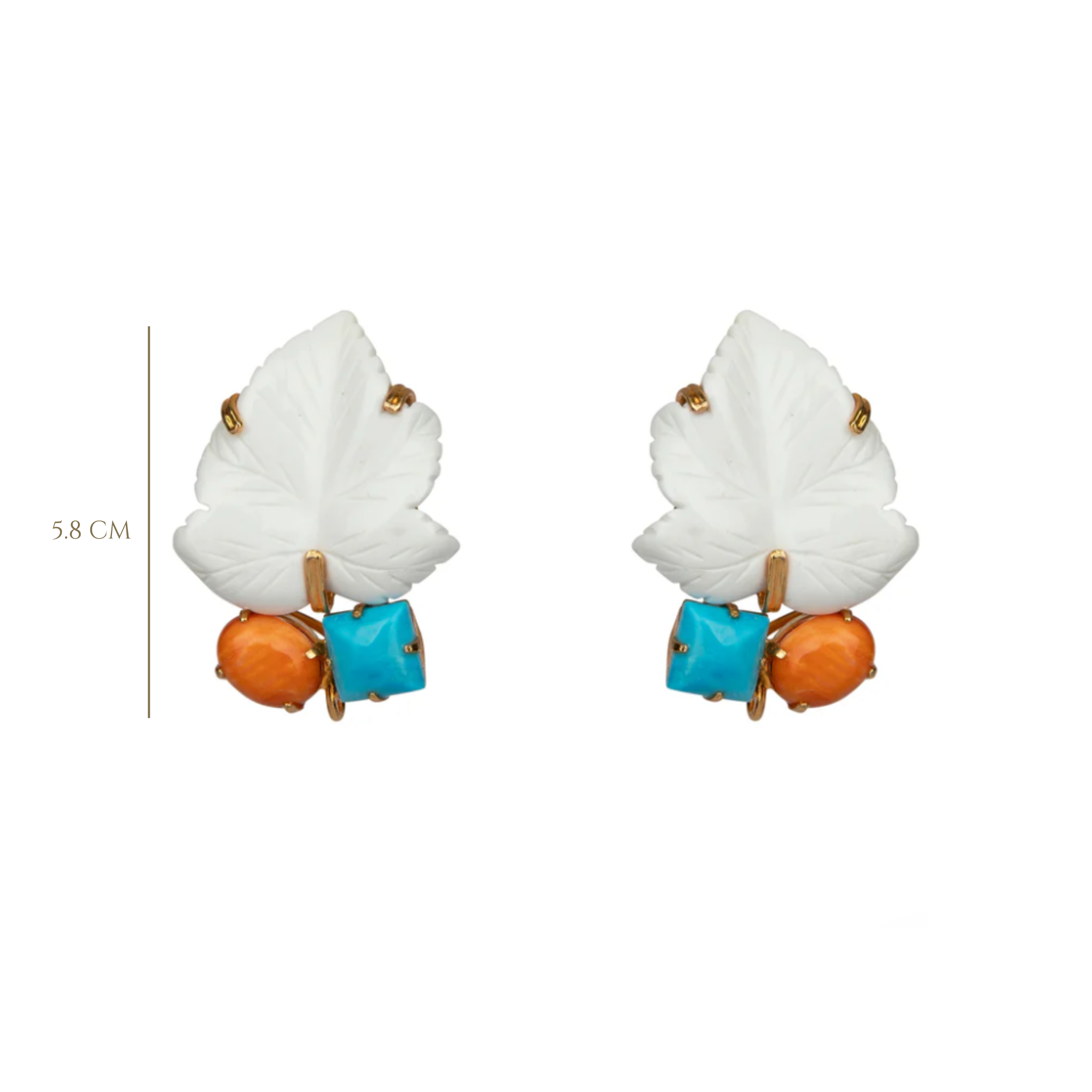 EARRINGS CARVED WHITE AGATE LEAF WITH TURQUOISE AND SPINY OYESTER