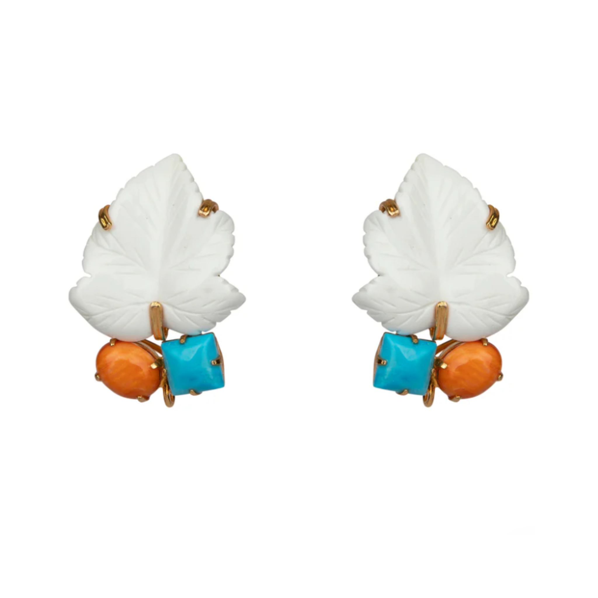EARRINGS CARVED WHITE AGATE LEAF WITH TURQUOISE AND SPINY OYESTER